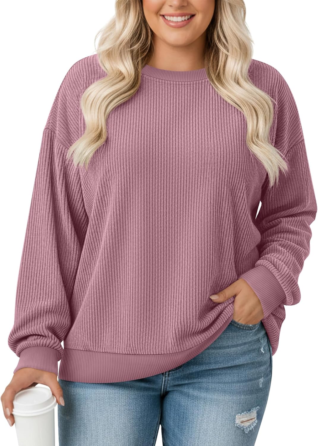 Women's Plus Size Sweatshirts Oversized Corduroy Long Sleeve Crew Neck Pullover Sweat Shirts Casual Loose Fit Tops