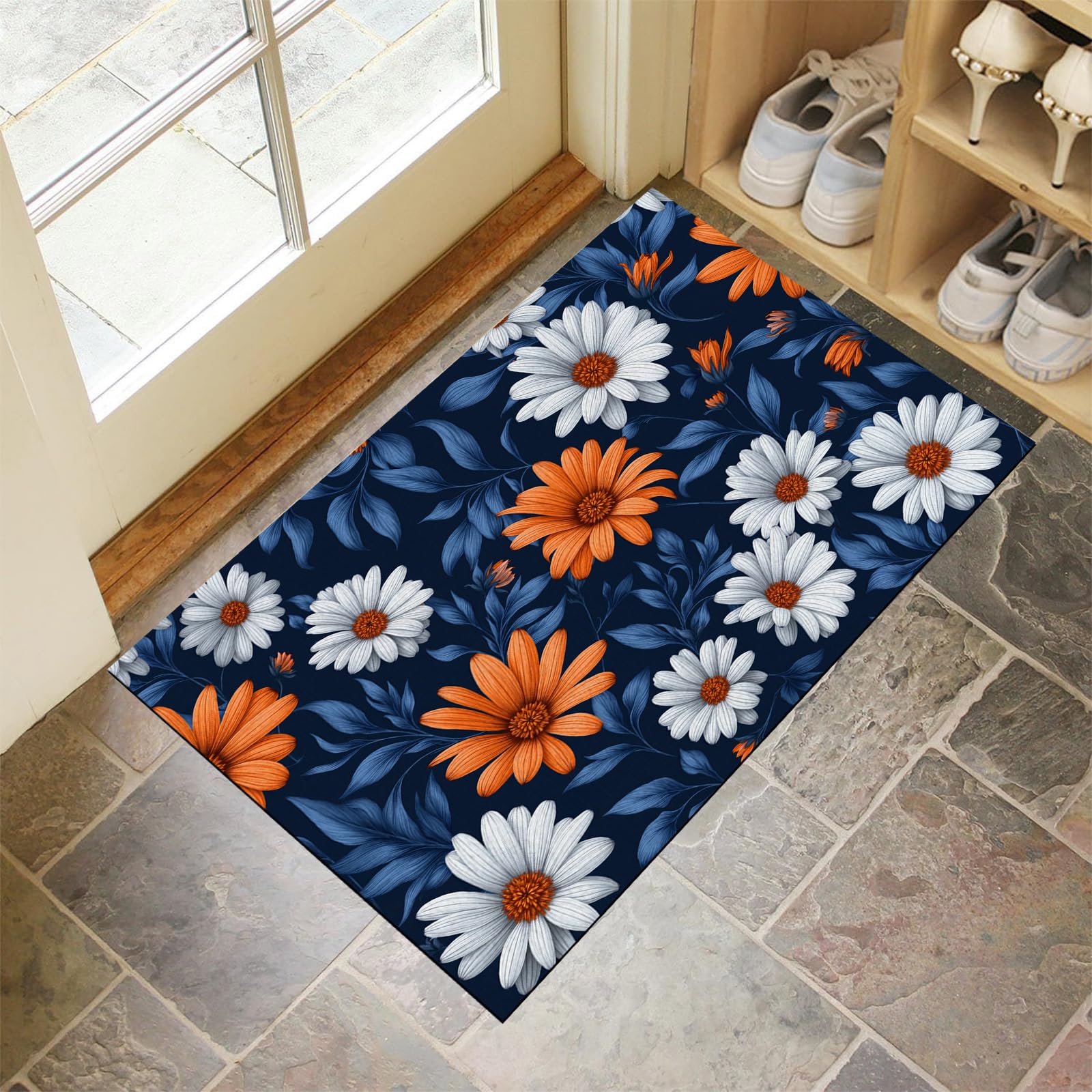Tapis de salon bleu foncé 80x120 cm à motif marguerites