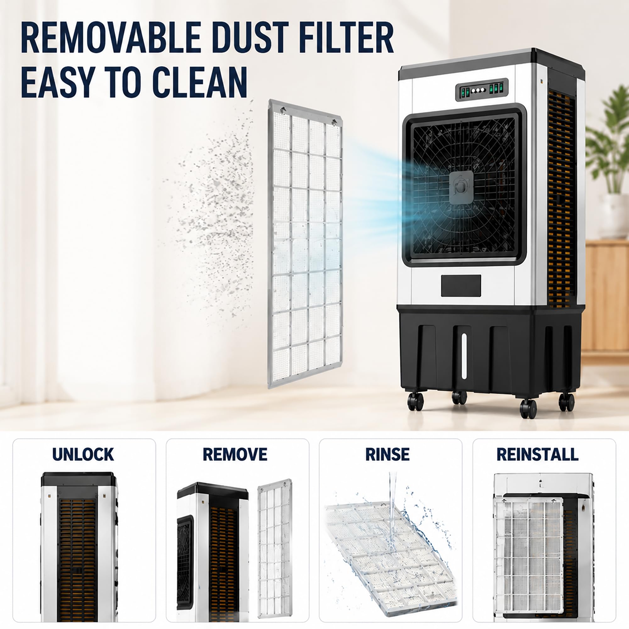 Raffreddatore evaporativo portatile, climatizzatore mobile senza tubo scarico, ventilatore rinfrescante silenzioso con confezioni ghiaccio per ambienti domestici e commerciali black