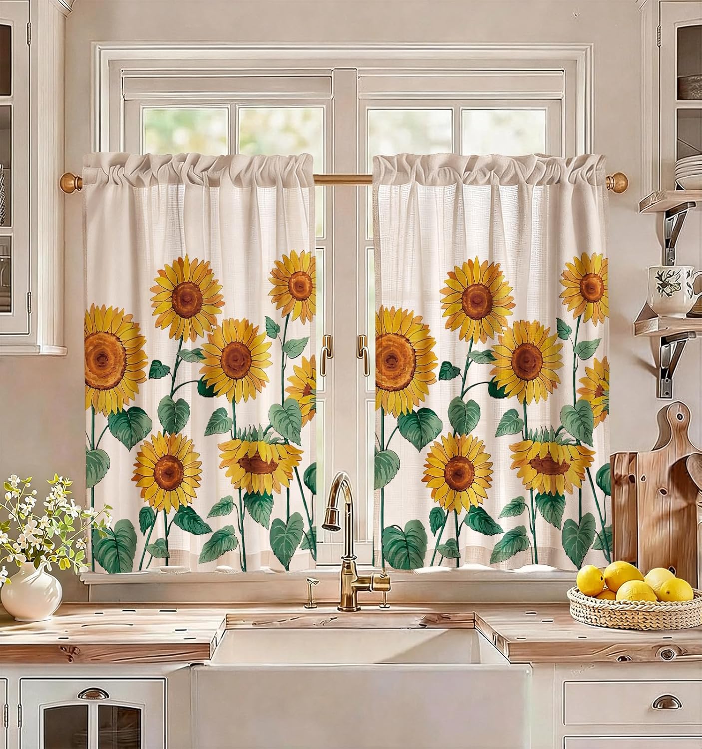 Miss Adola Floral Kitchen Curtains - 45 Inch Length Linen Blend Vintage Kitchen Window Tier Curtains Spring Cafe Drapes Rod Pocket for Windows Light Filtering, 2 Panels