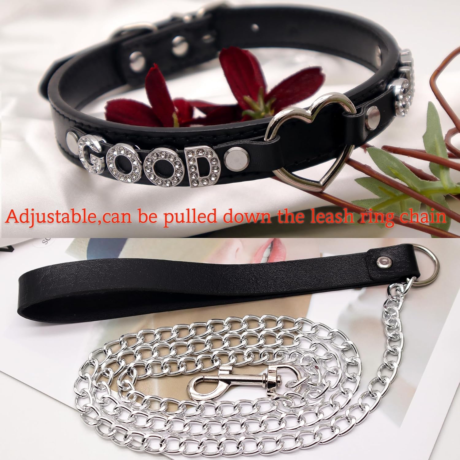 Leash and Collar Set for women Choker Necklace,Gothic Leather Choker with Letters Heart Shape Punk Rock Body Chain Big Thick and Long Leash Jewelry