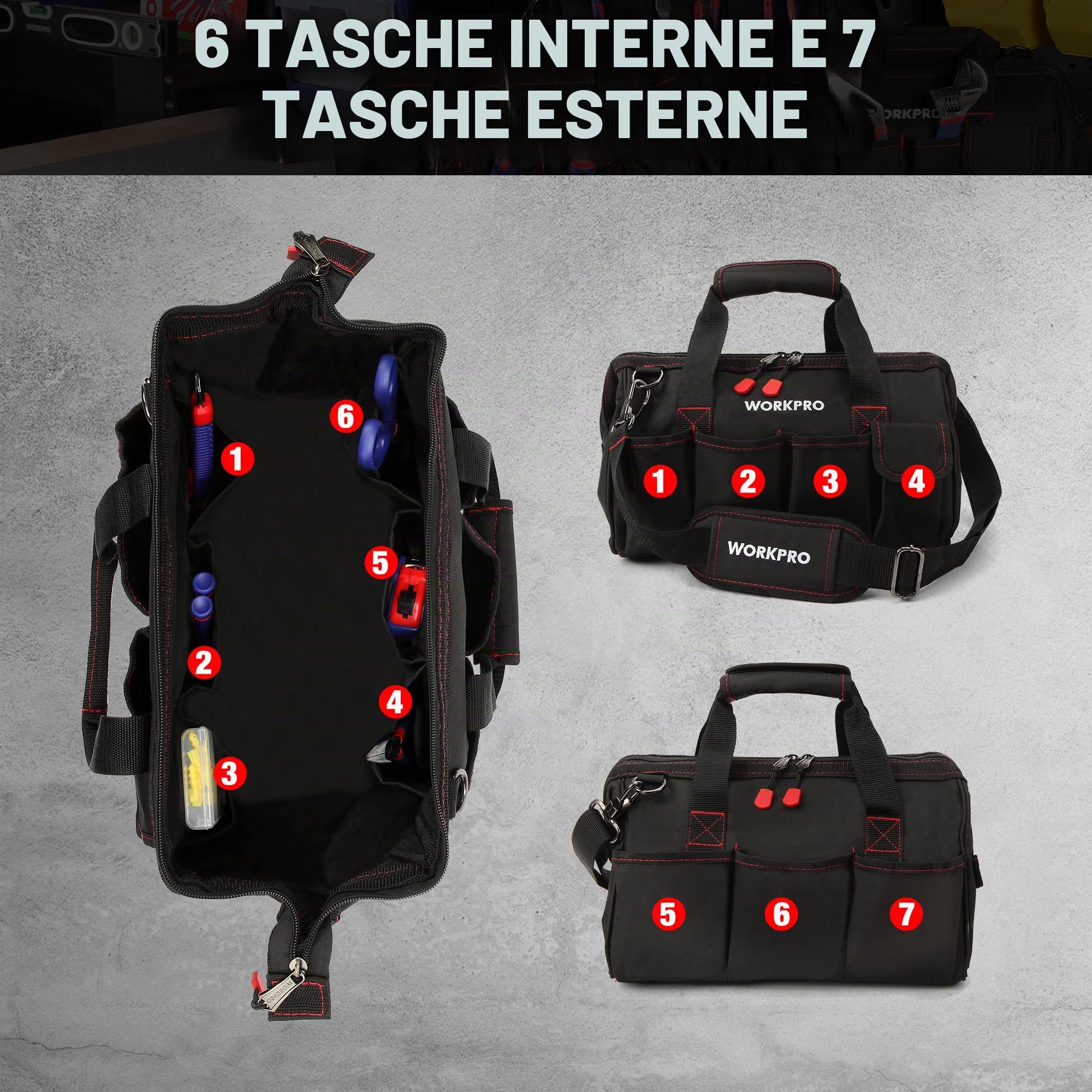 Workpro W081021 Borsa porta utensili per attrezzi ad apertura larga con base anti-umidità, 14’’