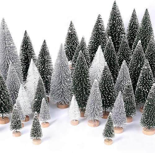 Miniatura 1 de 30 piezas de mini árboles de Navidad artificiales para árbol de Navidad, árboles de cepillo con base de madera para decoración de Navidad, fiesta de