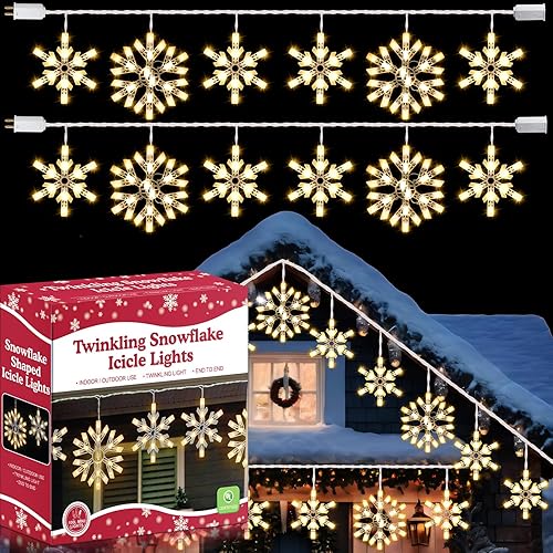 Miniatura 8 de Paquete de 2 luces LED parpadeantes de copos de nieve de Navidad con 6 gotas, 8.8 pies, 14 de 100 luces de copo de nieve de Navidad parpadeantes al