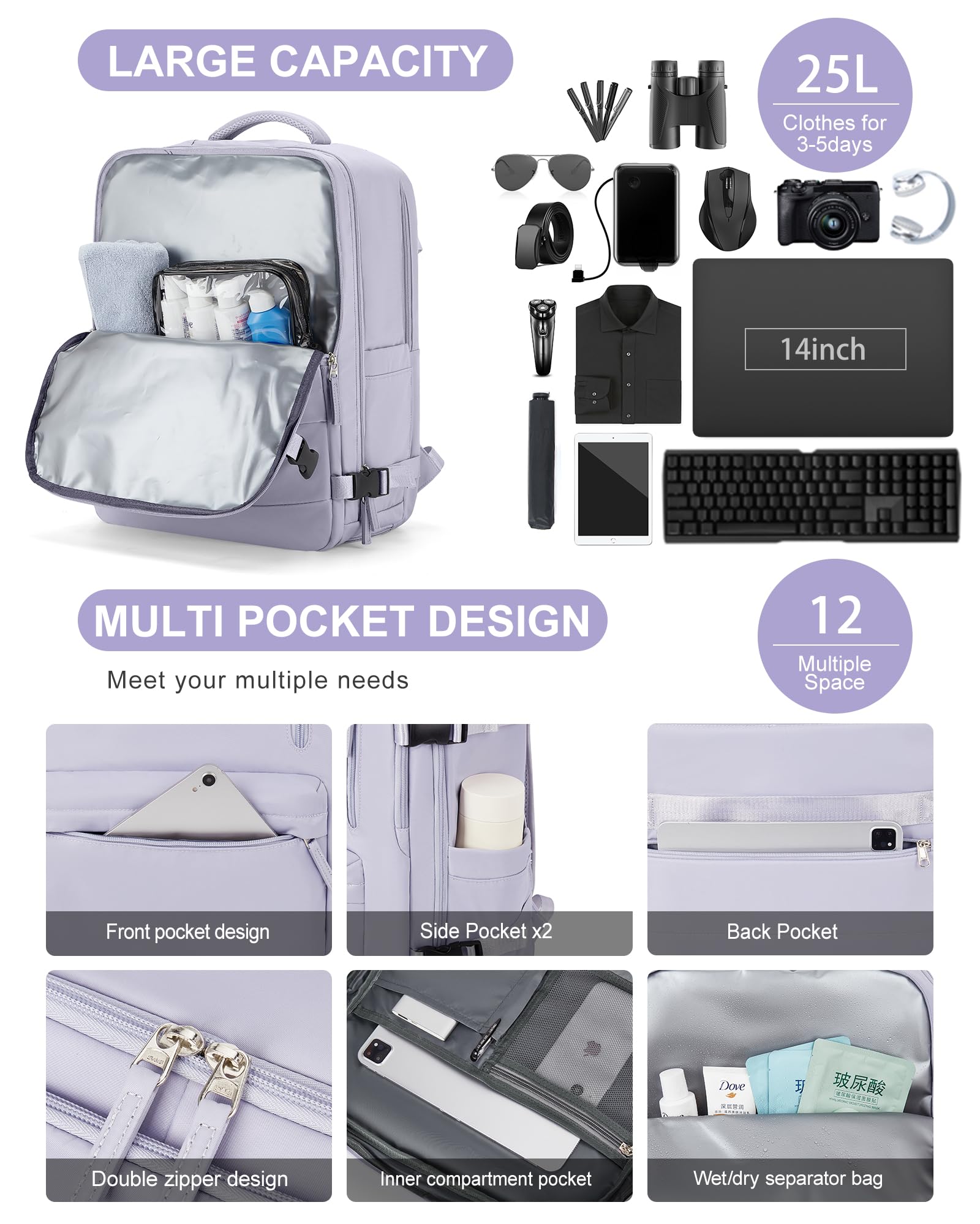 BJLFS Borse da Cabina per Ryanair 40×20×25 Zaino da Viaggio con Sottovuoto Bagaglio a Mano Easyjet 45×36×20,Zaino con sistema di compressione,Zaino Casual per laptop da 14 pollici per scuola