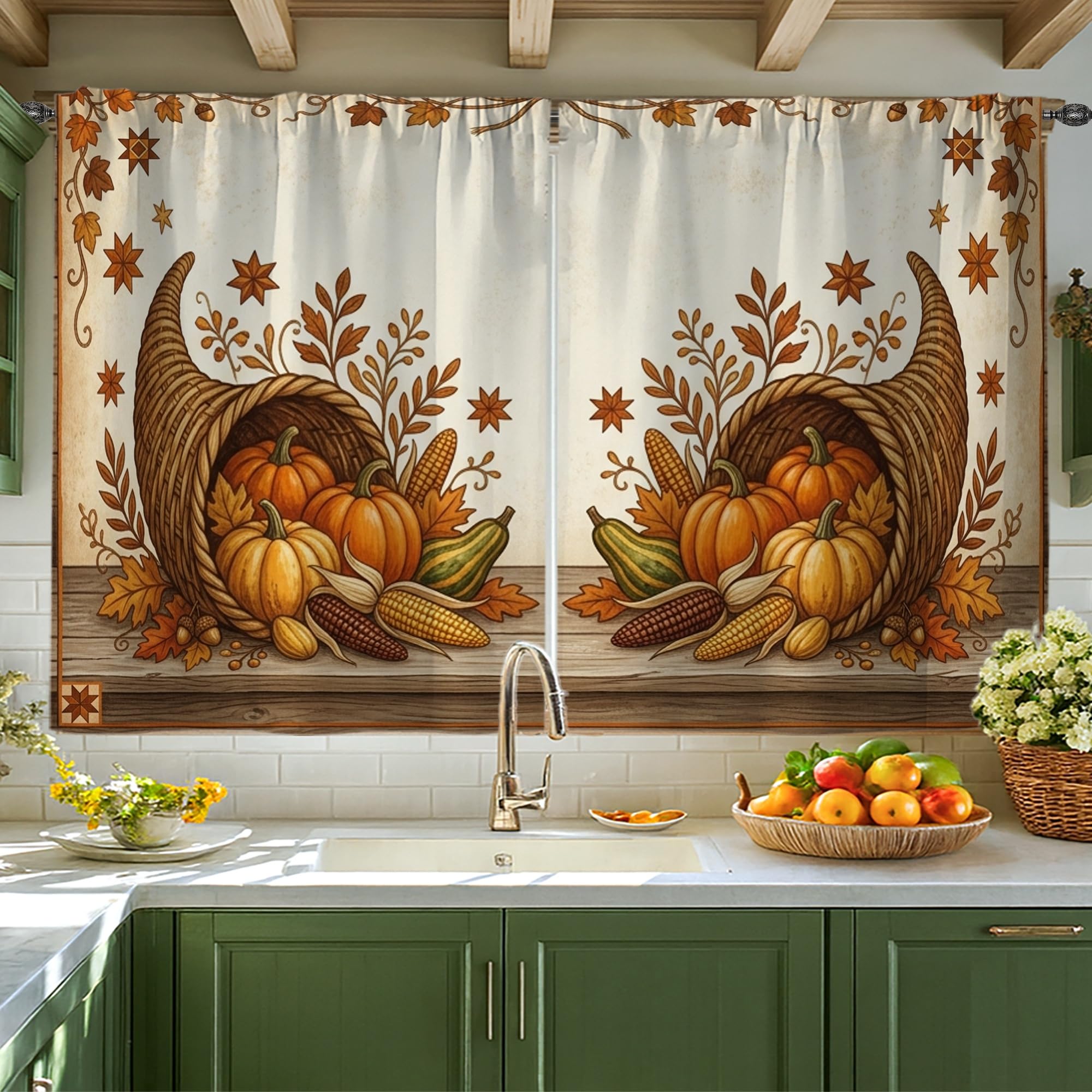 Rideaux de cuisine rustiques orange contre le vis-à-vis des petites fenêtres d'évier 106x114