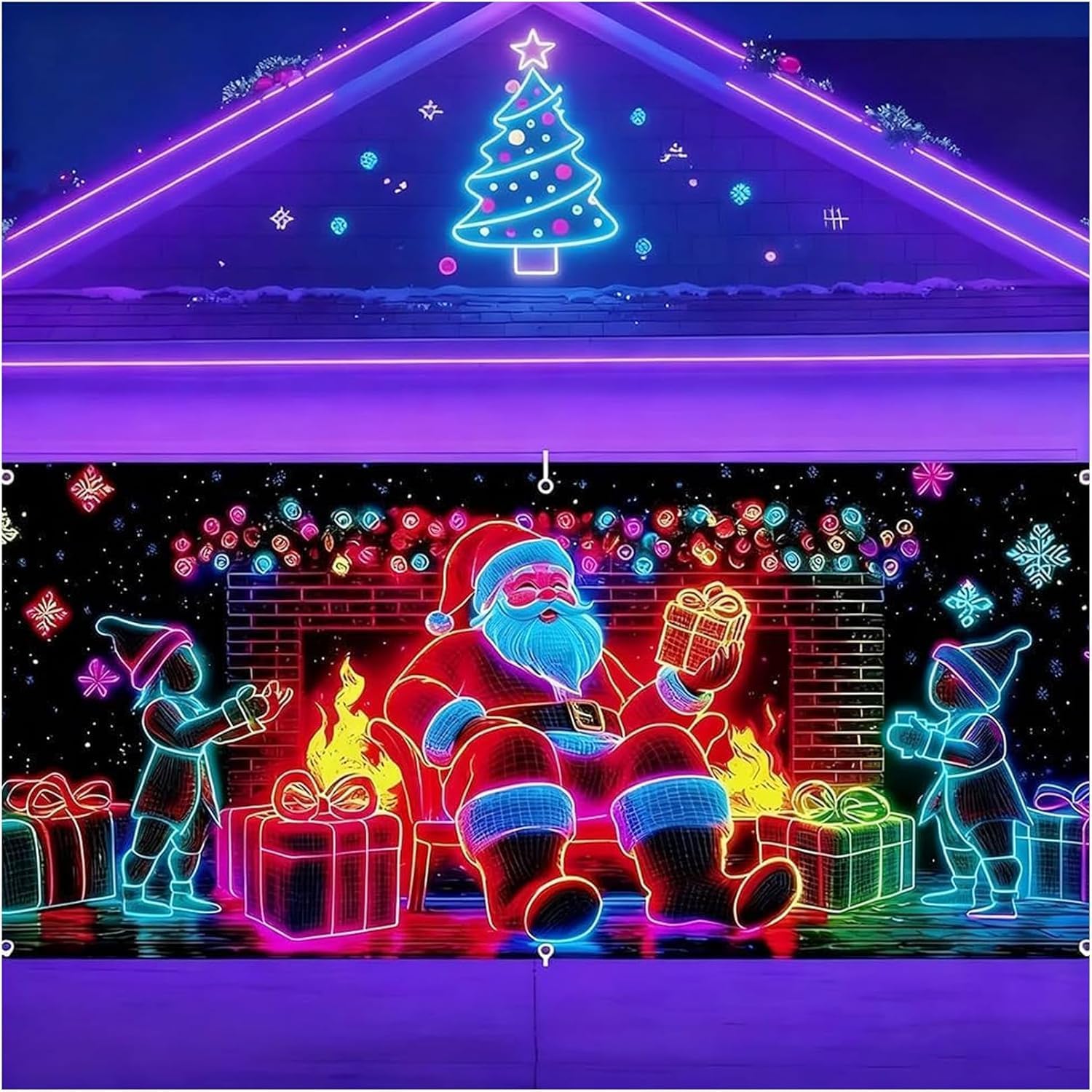 Christmas Garage Door Cover Banner 16×7FT, UV Activated Christmas Garage Door Glows in Dark 2D Flat Holiday Wall Decor, Xmas Outdoor Indoor Party Decoration (16 * 7FT, A)