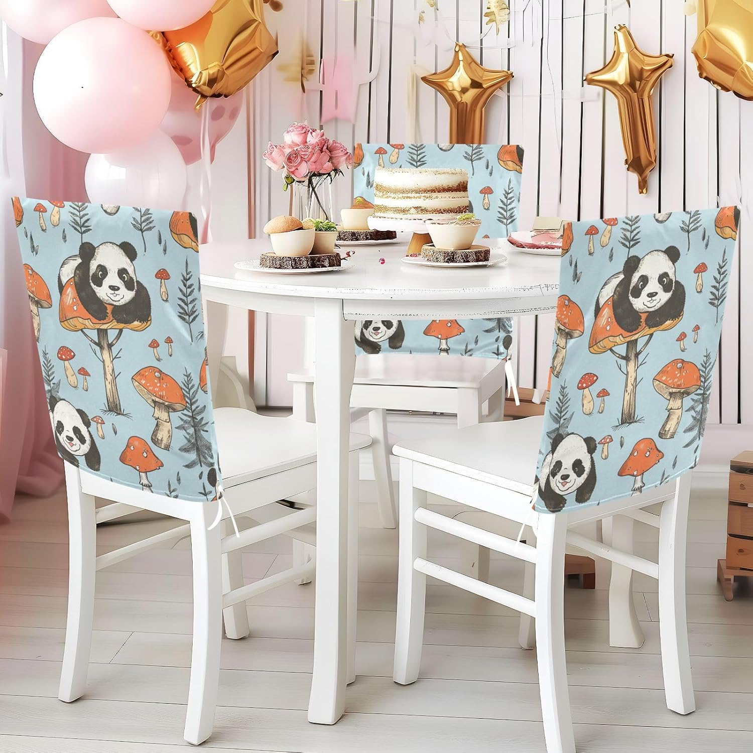 ALAZA Cute Panda and Mushroom Chair Back Cover Set of 6, Washable Reusable Removable Chair Slipcovers Decorative Chair Cover for Home Kitchen Wedding Party