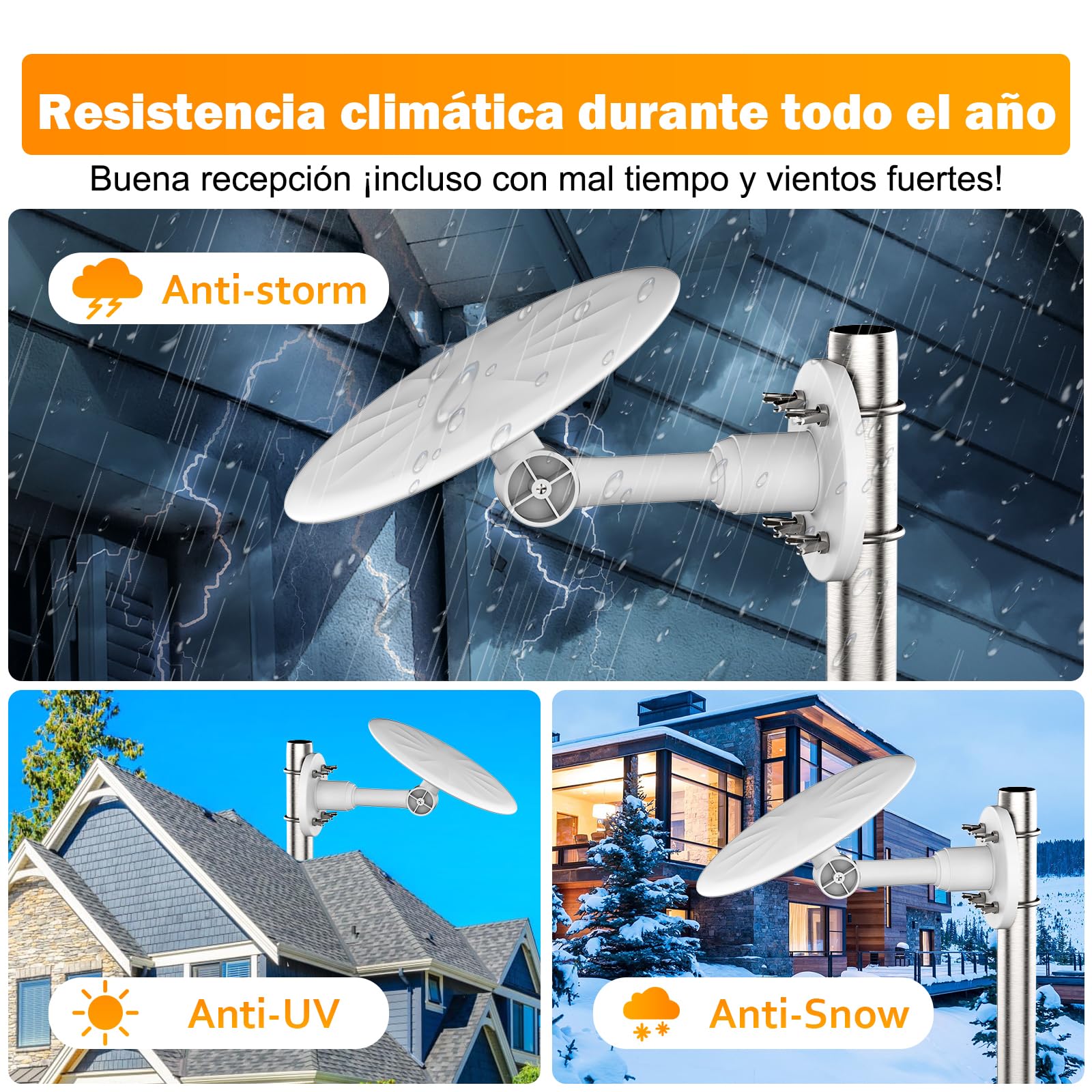 Antena TDT Exterior Blanca para Smart TV – Antena TV Digital HD 4K/1080P con Recepción UHF/VHF Estable de Largo Alcance, Compatible DVB-T2/DVB-T, Cable Coaxial 10 m, Resistente al Clima