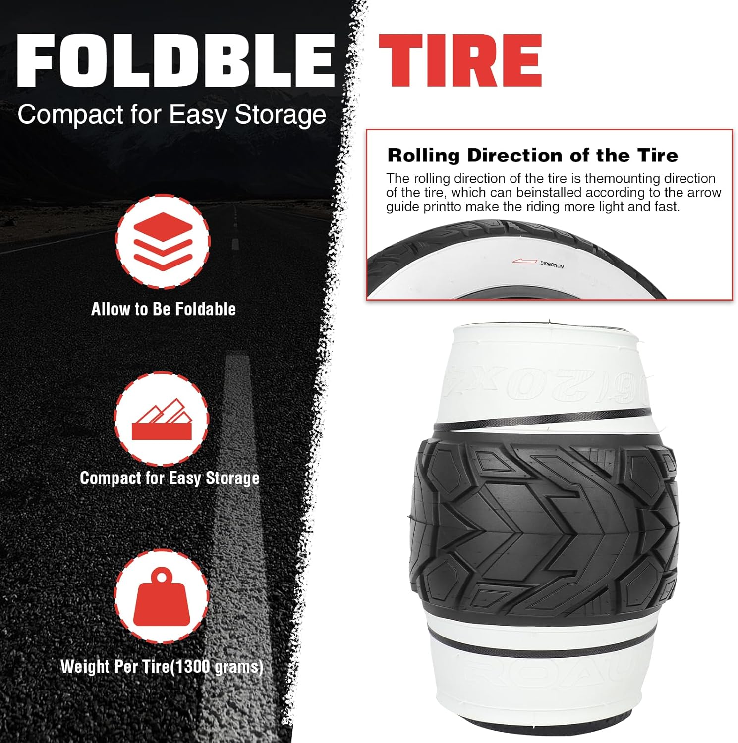20/26 inch Fat Bike Tire Electric Bike Tire 20/26 x 4.0 inch Heavy Duty Anti-Slip Foldable Replacement All Terrains Tire for E-Bike Tricycle Snow Bike Black/White