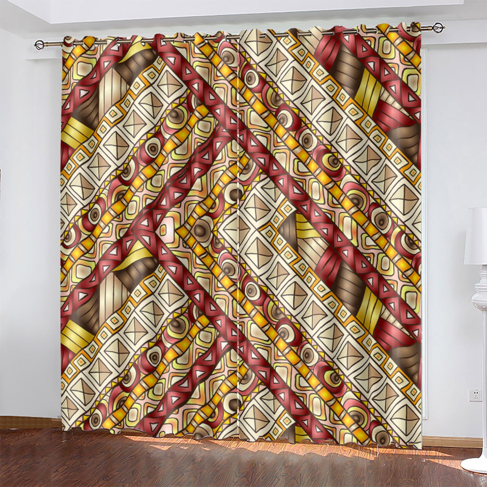 Vorhänge Geometrisches Gelb Rot Vorhang Blickdicht Polyester Gardinen mit ösen Thermovorhang 2er Pack Curtains Living Room Schlafzimmer Waschbar Verdunkelungsvorhang (2x110x215 cm)
