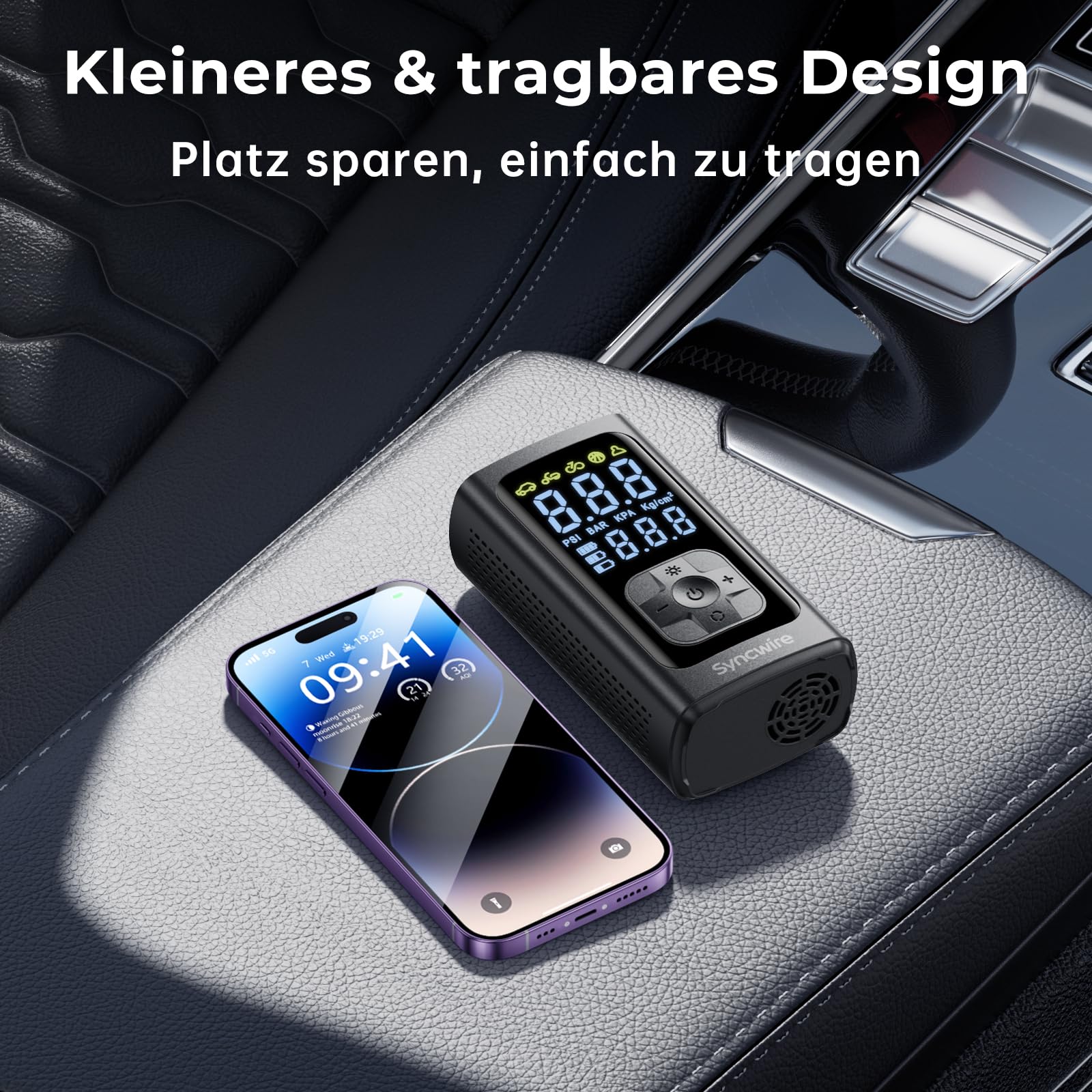 Syncwire Tragbarer Luftkompressor Mini Reifenpumpe - 10.35Bar Schnellere Elektrische Luftpumpe Autoreifenpumpe Car Inflator für Auto, Motorrad, Fahrrad & Bälle, mit Ventilkappen für Reifen, Großes LCD