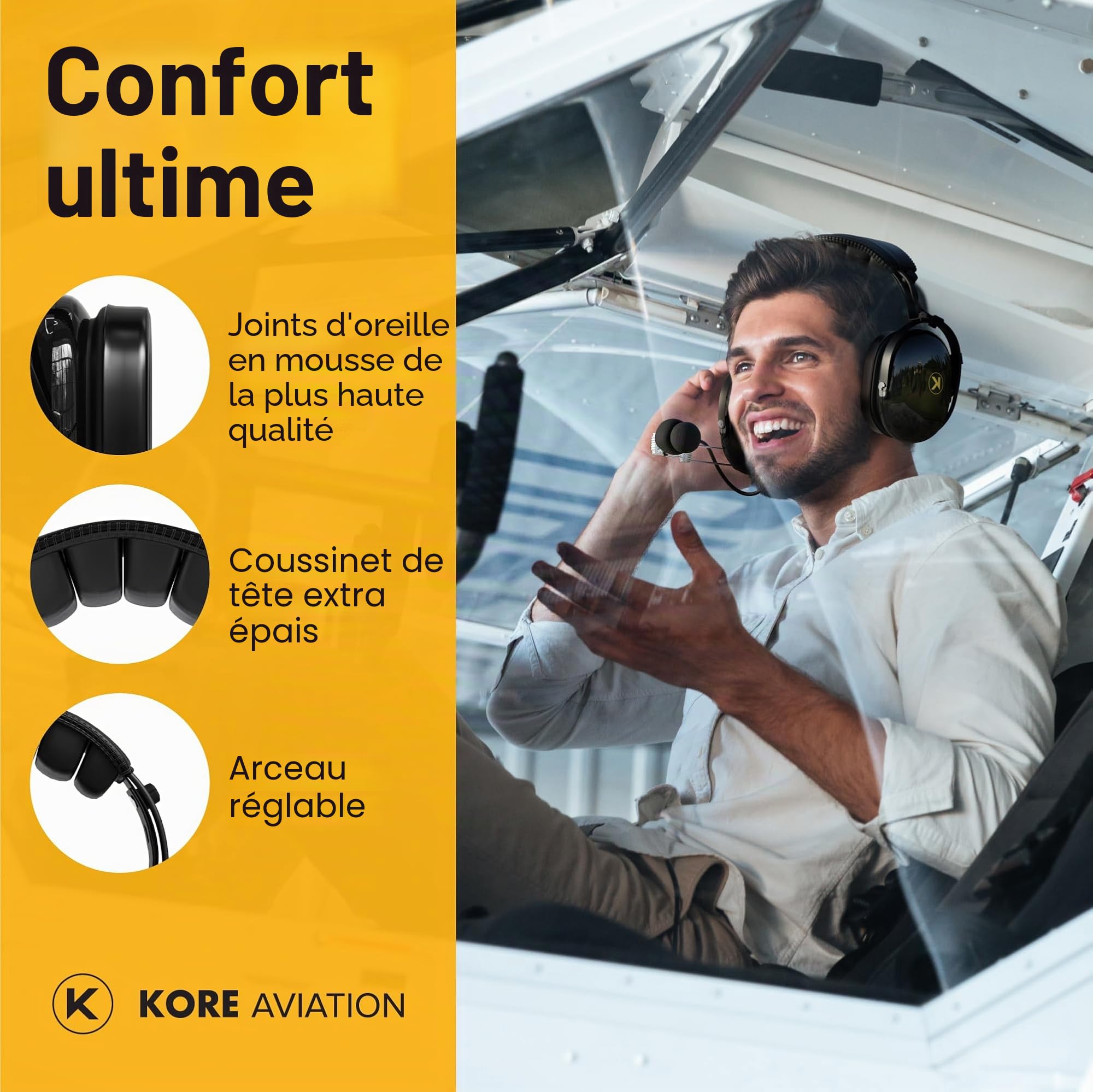 KORE Aviation Série P1 Tige Pnr Pilot Aviation Headset – Noir