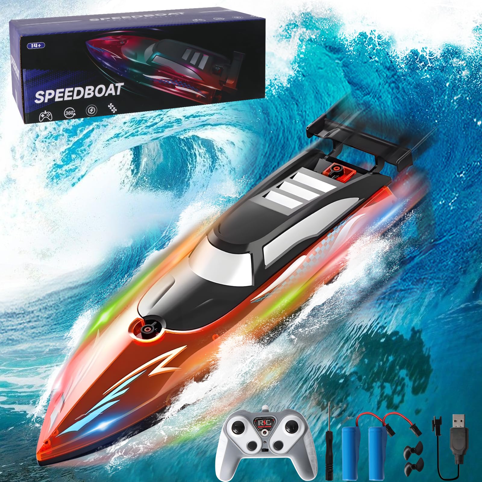 Remote Control Boat with LED Light, RC Boat Low Battery Alarm(Rechargeable), 2.4GHz RC Speed Boats Self-Righting 9.3MPH, 30 Mins, 2 Battery for Kids/Adults, Boys, for Pools/Lakes