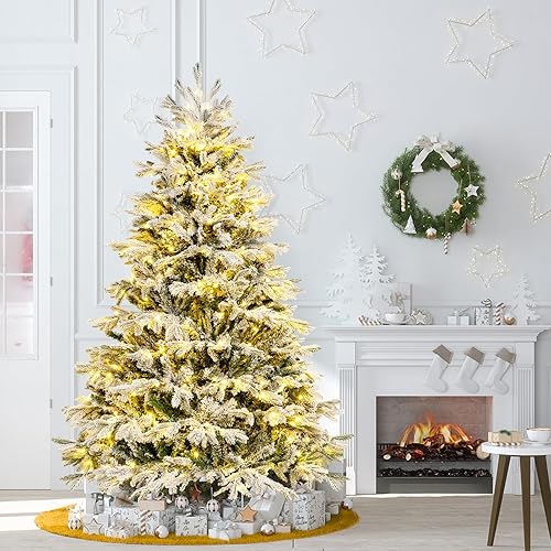 Miniatura 8 de Goplus Árbol de Navidad flocado de nieve preiluminado de 6 pies, árbol de Navidad artificial con bisagras con 350 luces LED blancas cálidas, 1022