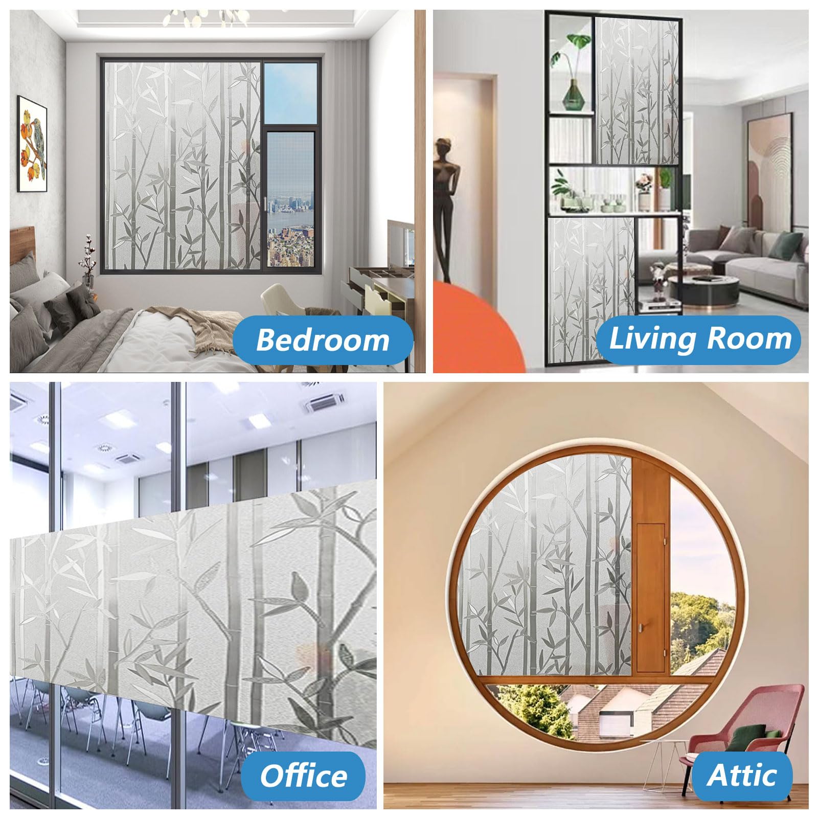 Pellicola Privacy Finestre 75 x 350 cm Autoadesive Anti-Uv Elettrostatica Opaca Pellicola per Finestre Vetri per Doccia Ufficio Bagno, Bamboo