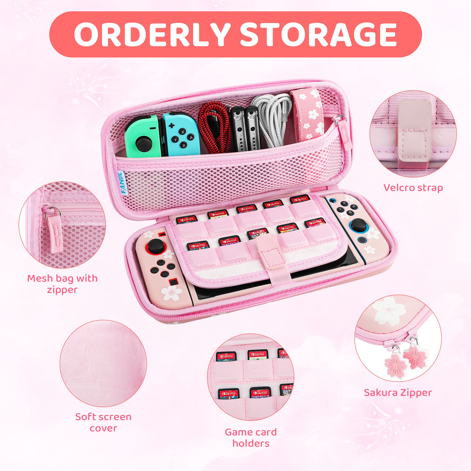 FANPL Simpatica custodia da trasporto per Nintendo Switch, kit di accessori per interruttore rosa con custodia da viaggio rigida, custodia morbida in TPU, cinturino regolabile, pellicola proteggi