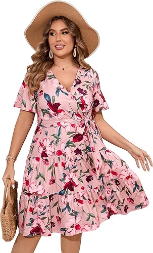 KOJOOIN Vestido cruzado con cuello en V para mujer de talla extragrande, de cintura alta, de manga corta, vestido de verano midi casual con cinturón