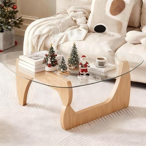 Miniatura 4 de Mesa de centro moderna de vidrio para sala de estar, mesa de centro pequeña con patas de madera, mesas de centro de mediados de siglo, mesa central
