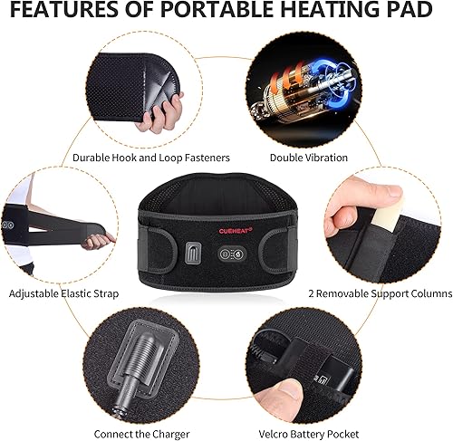 Miniatura 4 de CUEHEAT Almohadilla térmica para la espalda con calor y masaje, masaje de espalda calentado con batería recargable, cinturón de apoyo de calor de