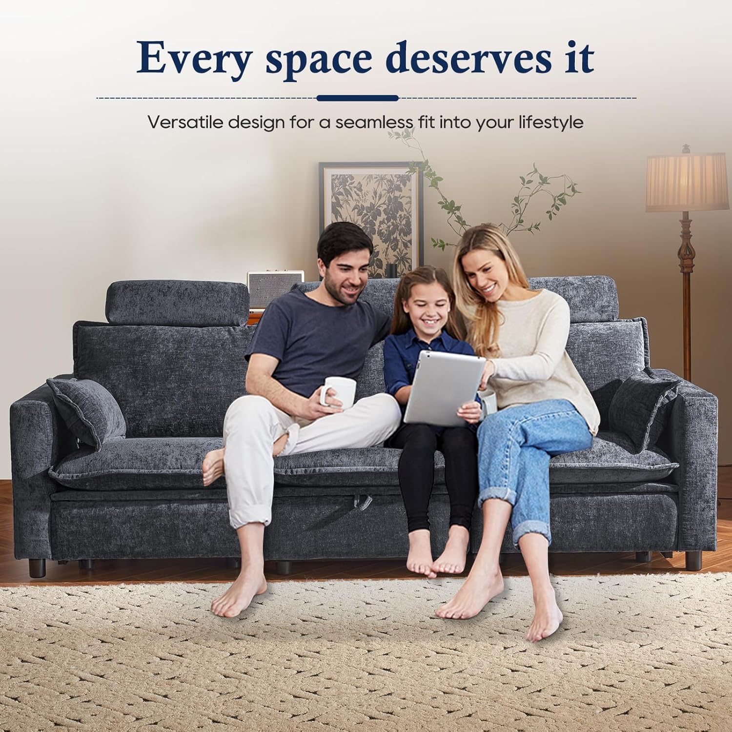 Chenille Electric Reclining Sofa, Oversized 3-Seater Cloud Couch with Headrest, Pillows, Modern Power Recliner Sofa with Middle Storage for Living Room (Grey)