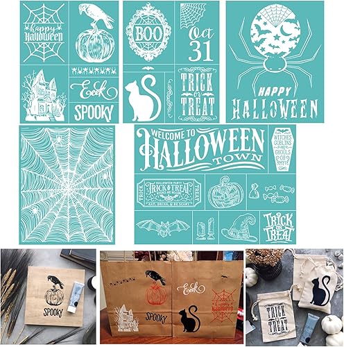 Juego de 5 plantillas de serigrafía con patrones temáticos de Halloween, reutilizables, autoadhesivas, para decoraciónimpresión en