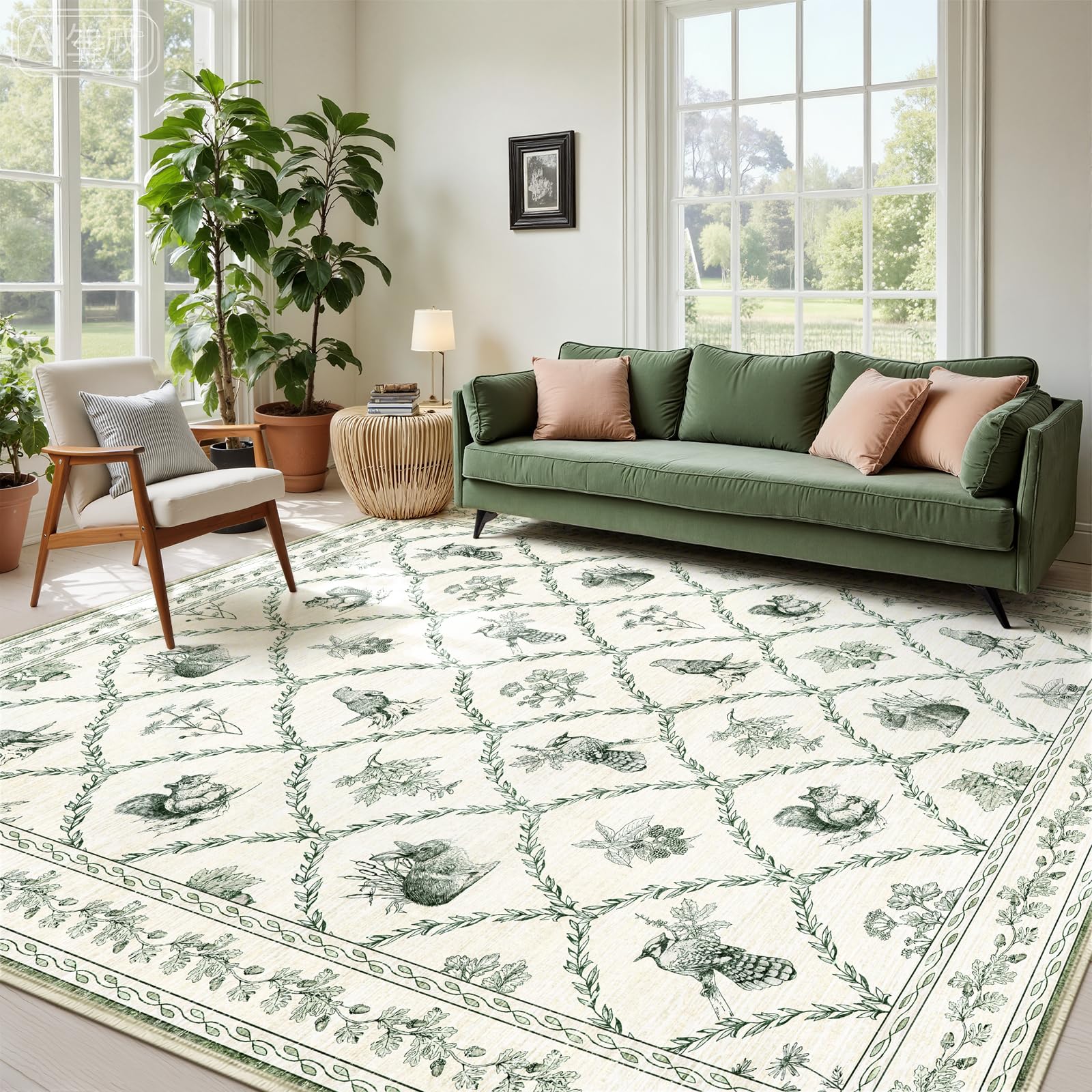 Green Area Rug 6x9 Olive Green and Beige Cream Rugs for Living Room, Non Slip Vinatge Boho Bedroom Rug, Low-Pile Print Animal Leaf Floral Floor Covering Carpet for Home Office, Dining Room