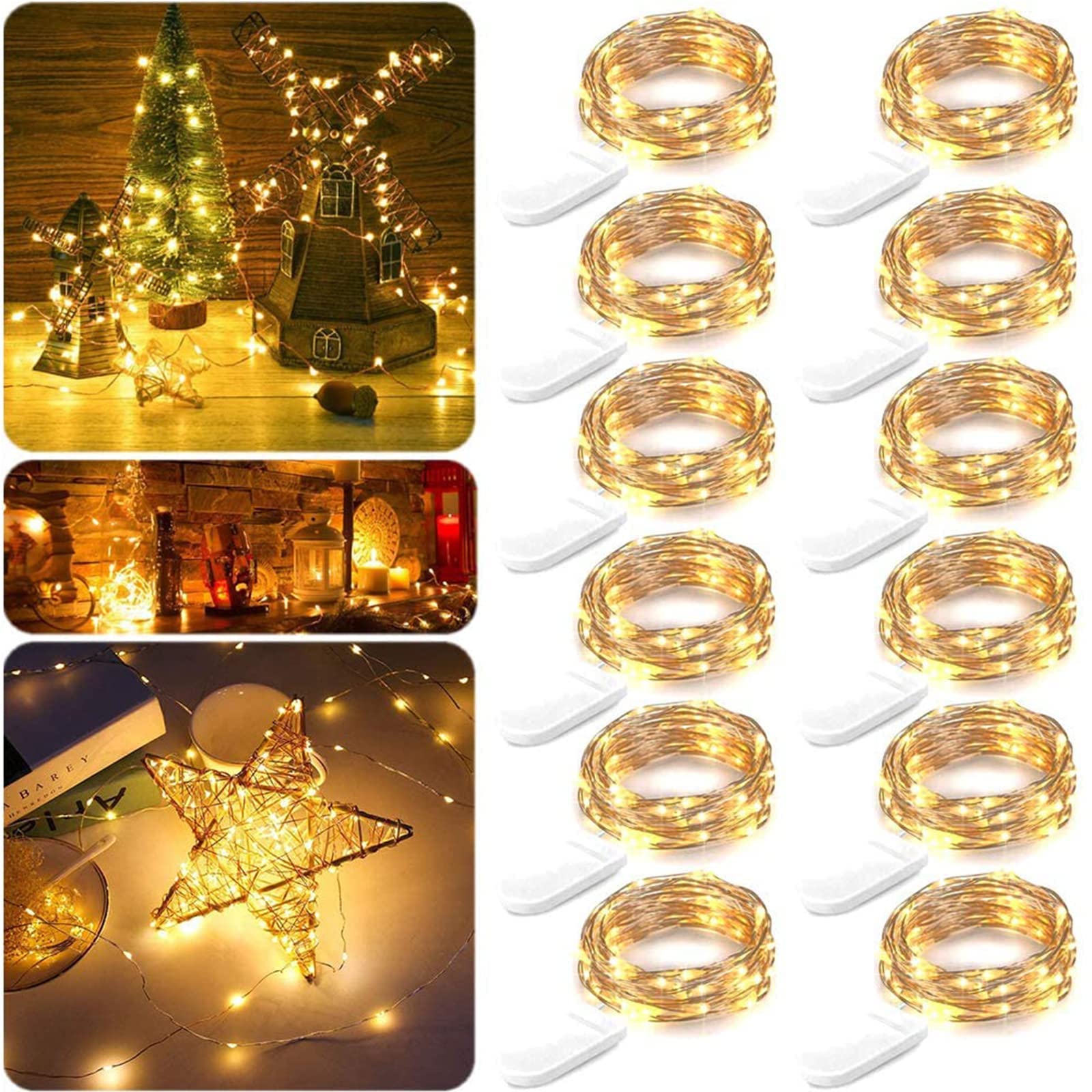Guezuvoru LED Fairy String Lights Battery Operated, 2m 10 LEDs Sliver Wire White Waterproof Star Bottle String Lights for Wedding Party Bedroom Indoor Outdoor Decoration (Warm White, 12 Pack 6.6 ft)