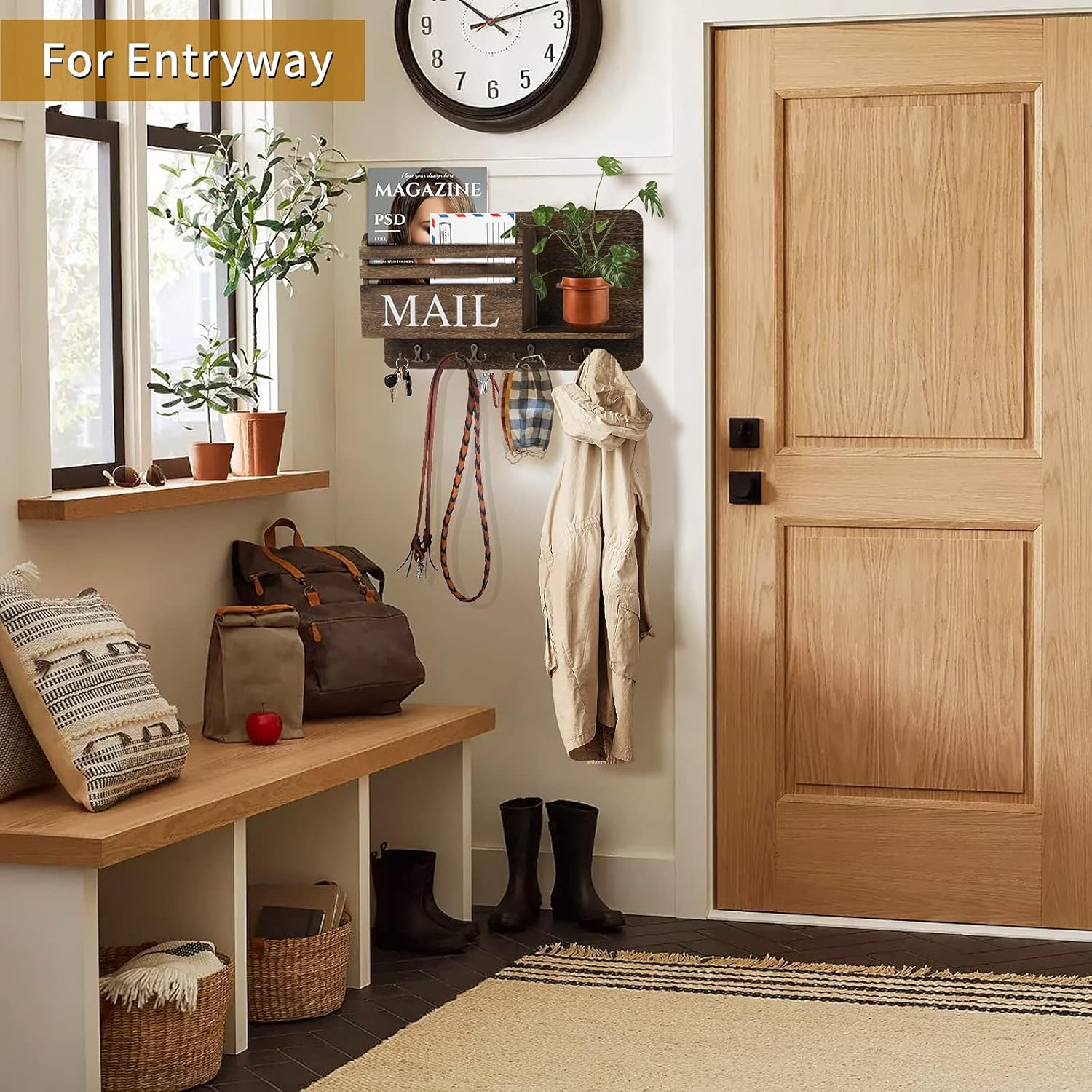 Firbon Mail Organizer with Key Holder, Wall Mount Rustic Wooden Mail Holder Sorter with 4 Double Key Hooks for Entryway, Living Room & Wall Decorative : Office Products