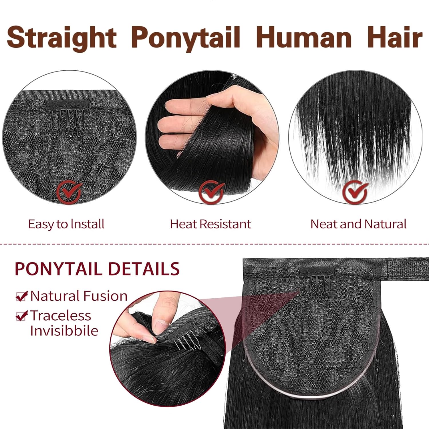 Datanala Brazilian Virgin 100% Remy 16Inch Straight Human Hair Ponytail Extension with Magic Paste Warp Around Straight Ponytail Magic Tie Human Hair Ponytails Extension Natural Color for Women