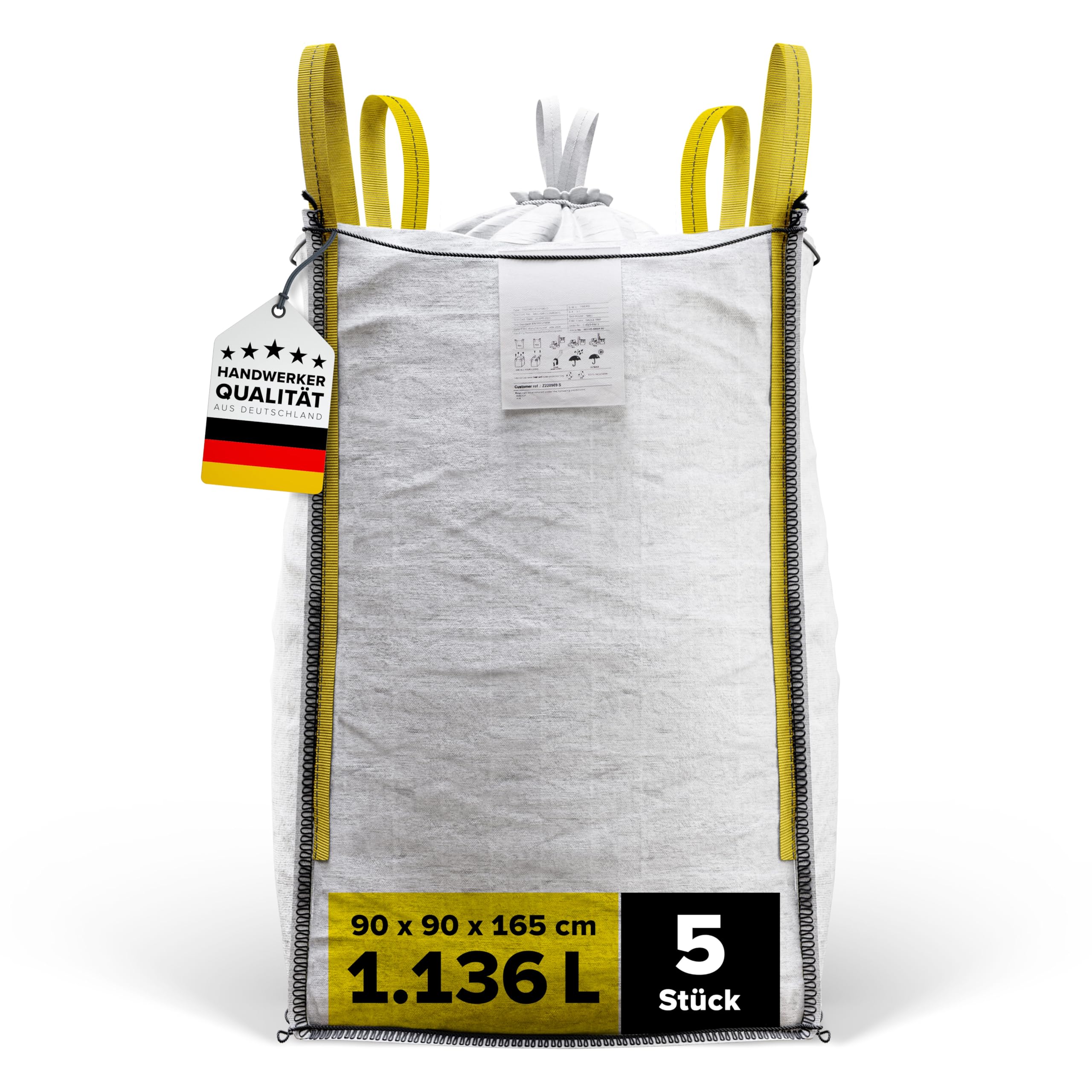 D-TACK 5x Big Bag | 90 x 90 x 165 cm | Säcke für Bauschutt, Holz, Laub, Kies, Sand, Erde, Gartenabfall, Grünschnitt, Pellets | 4 Schlaufen für Kran & Stapler | 1.000 kg | Inkl. Schürze zum Zubinden