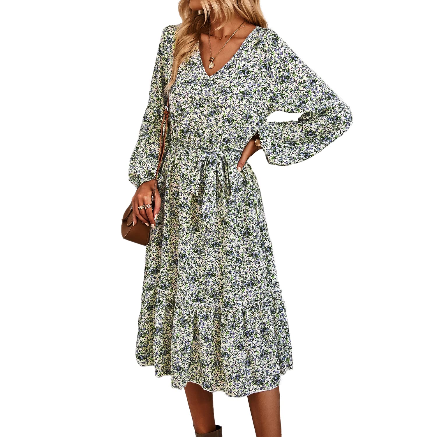 BROVAVE Womens Casual Long Sleeve Ditsy Floral Front Tie Ruffle Hem Flowy Midi Dress