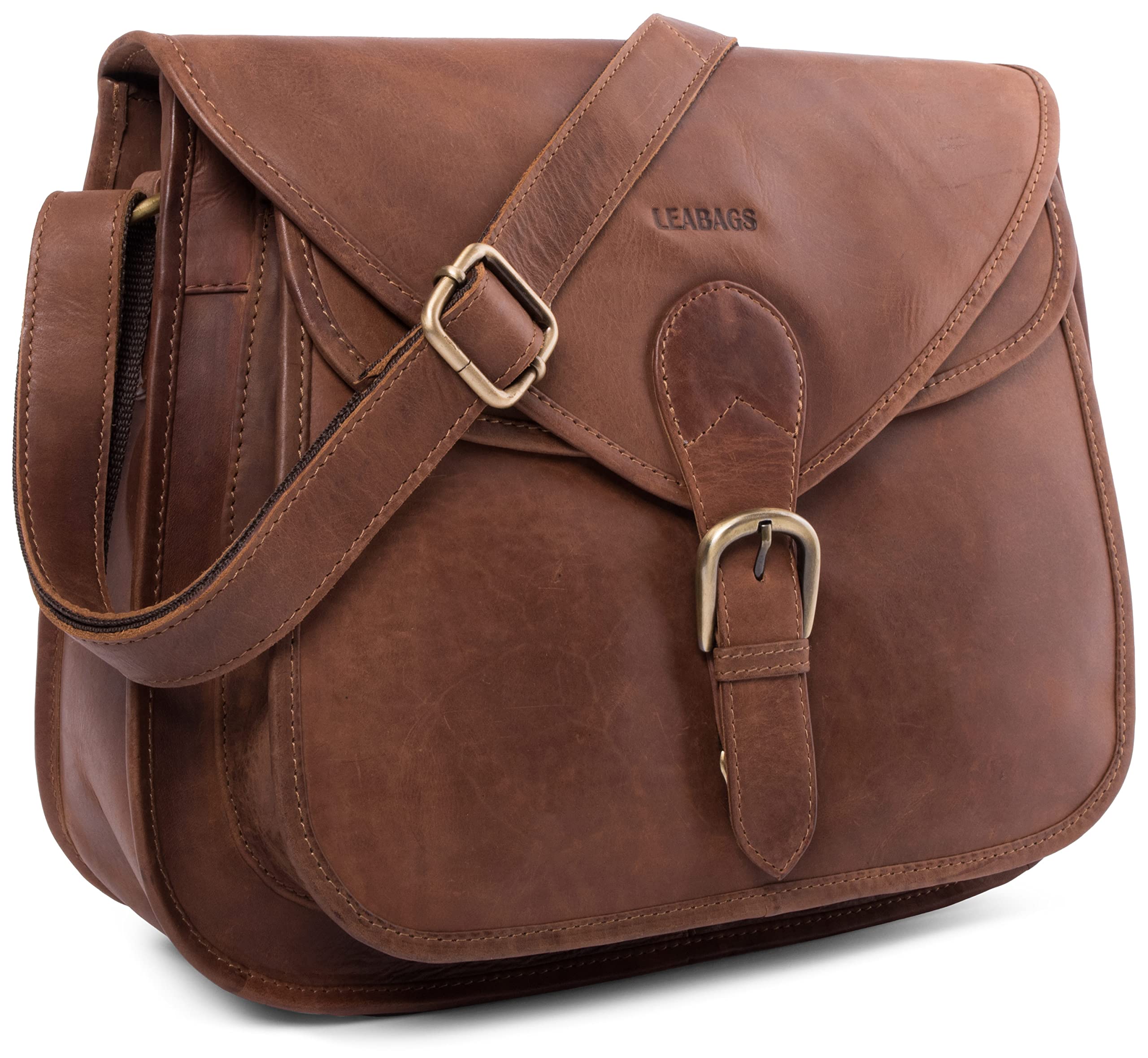 LEABAGS Leder Handtasche Damen I Premium Echtleder Umhängetasche I Damen Schultertasche I Damentasche I Tragetasche für Arbeit Uni Schule Freizeit I Größe L (32 x 31 x 9 cm) I Nature Hellbraun