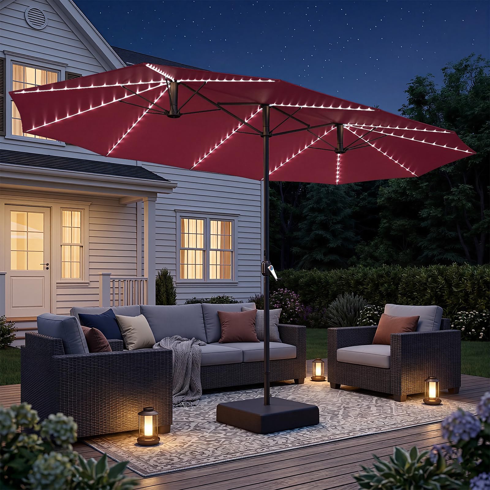 AECOJOY 15ft Double-Sided Patio Umbrella with Solar Lights, Outdoor Rectangle Market Large Patio Umbrella with Base Include|Crank Handle|156 PCS LED Lights for Garden Pool in Dark Red(1.9
