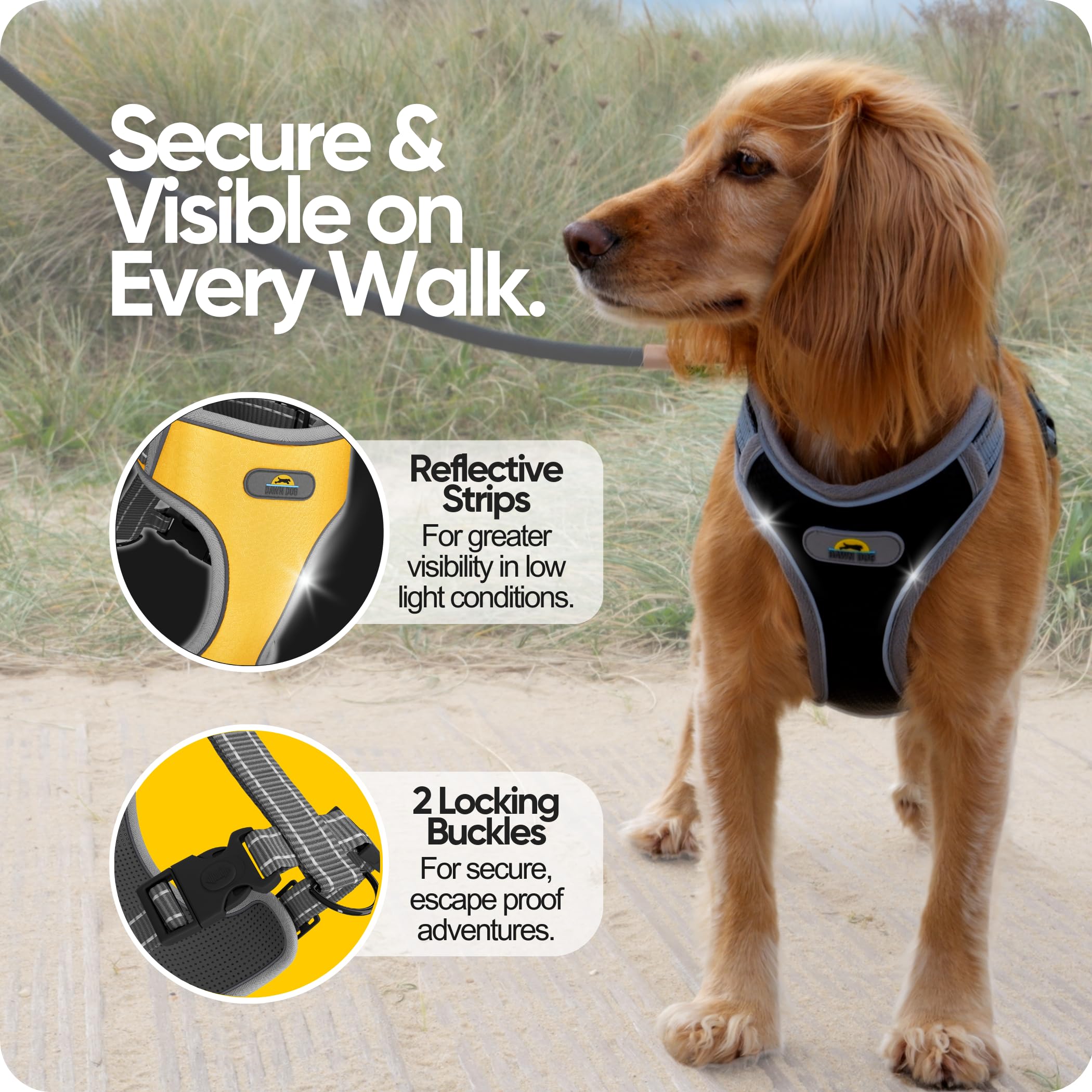 Dawn Dog XL Dog Harness with Secure Locking Clip | Soft & Padded Y Shaped Design with Anti Choke Fit | Extra Reflective for Greater Visibility & Safety | Escape Proof, Adjustable, Lightweight - Image 2