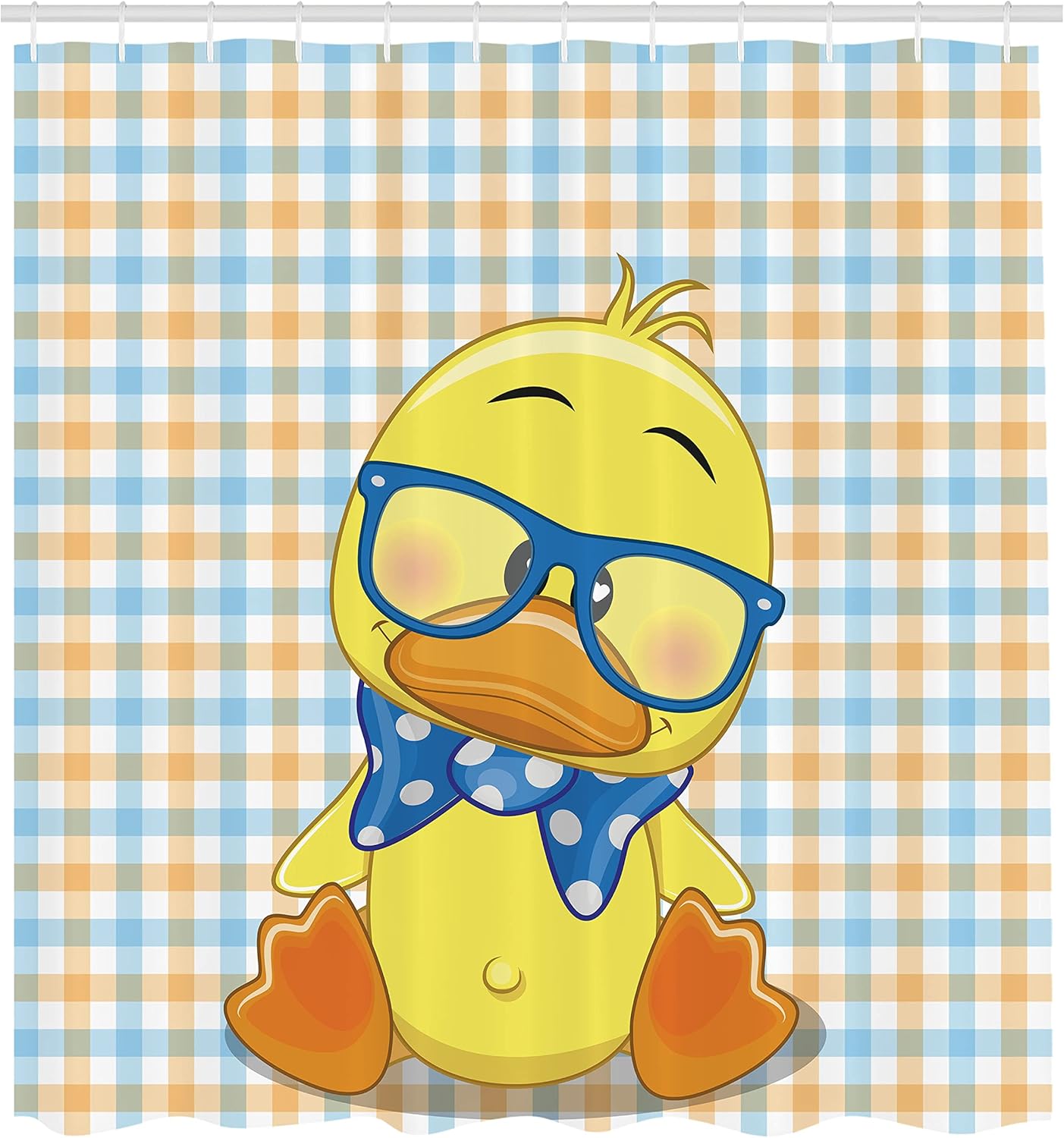 Ambesonne Cartoon Shower Curtain, Hipster Boho Duck Dotted Bow Cool Free Smart Geese Design, Cloth Fabric Bathroom Decor Set with Hooks, 69" W x 70" L, Orange Yellow Blue