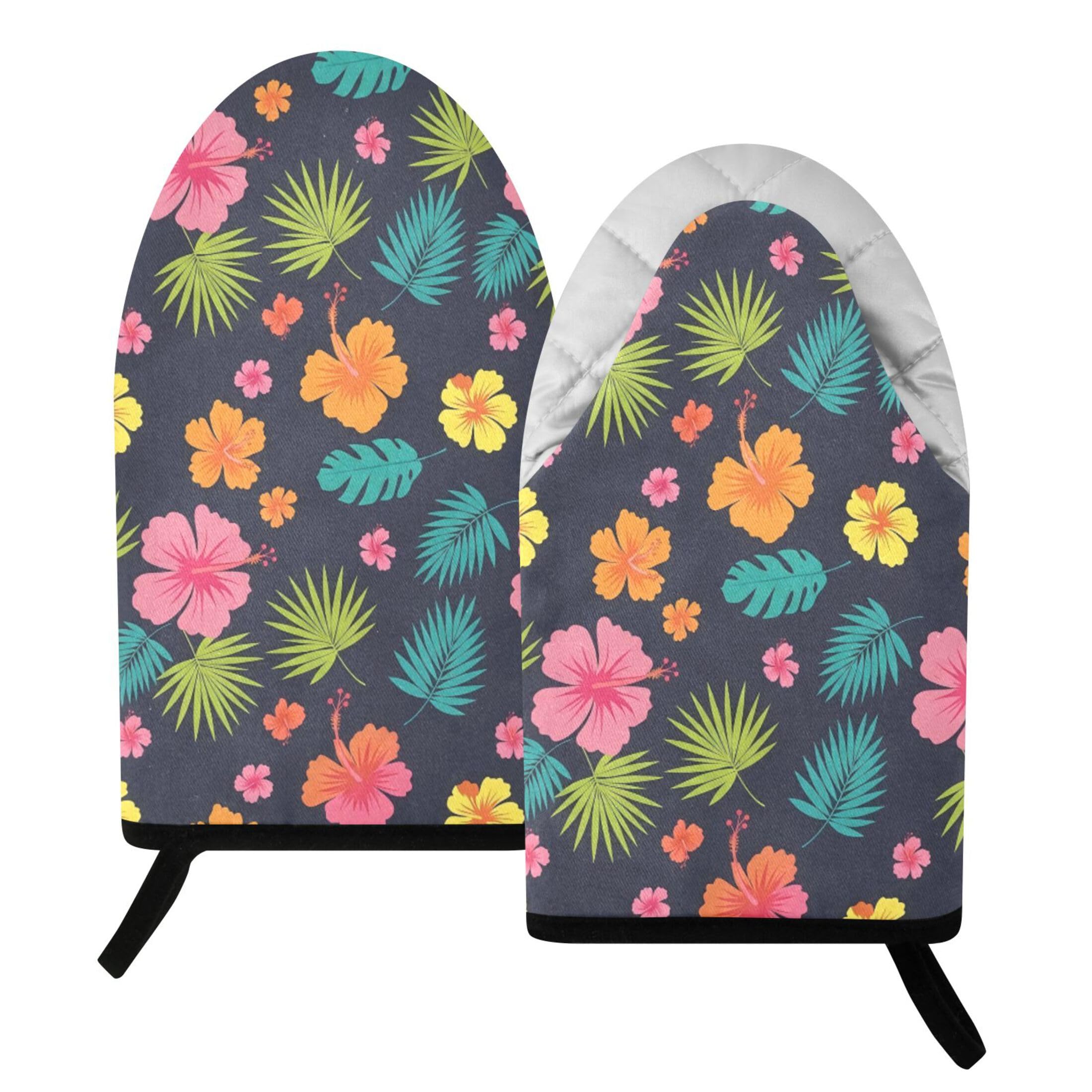 Fuauuyl Oven Mitts Heat Resistant Kitchen Gloves, Hibiscus Monstera Leaves Classic Oven Gloves with Hanging Loop for Baking BBQ Cooking Grilling, 1 Pair, 9.5 in