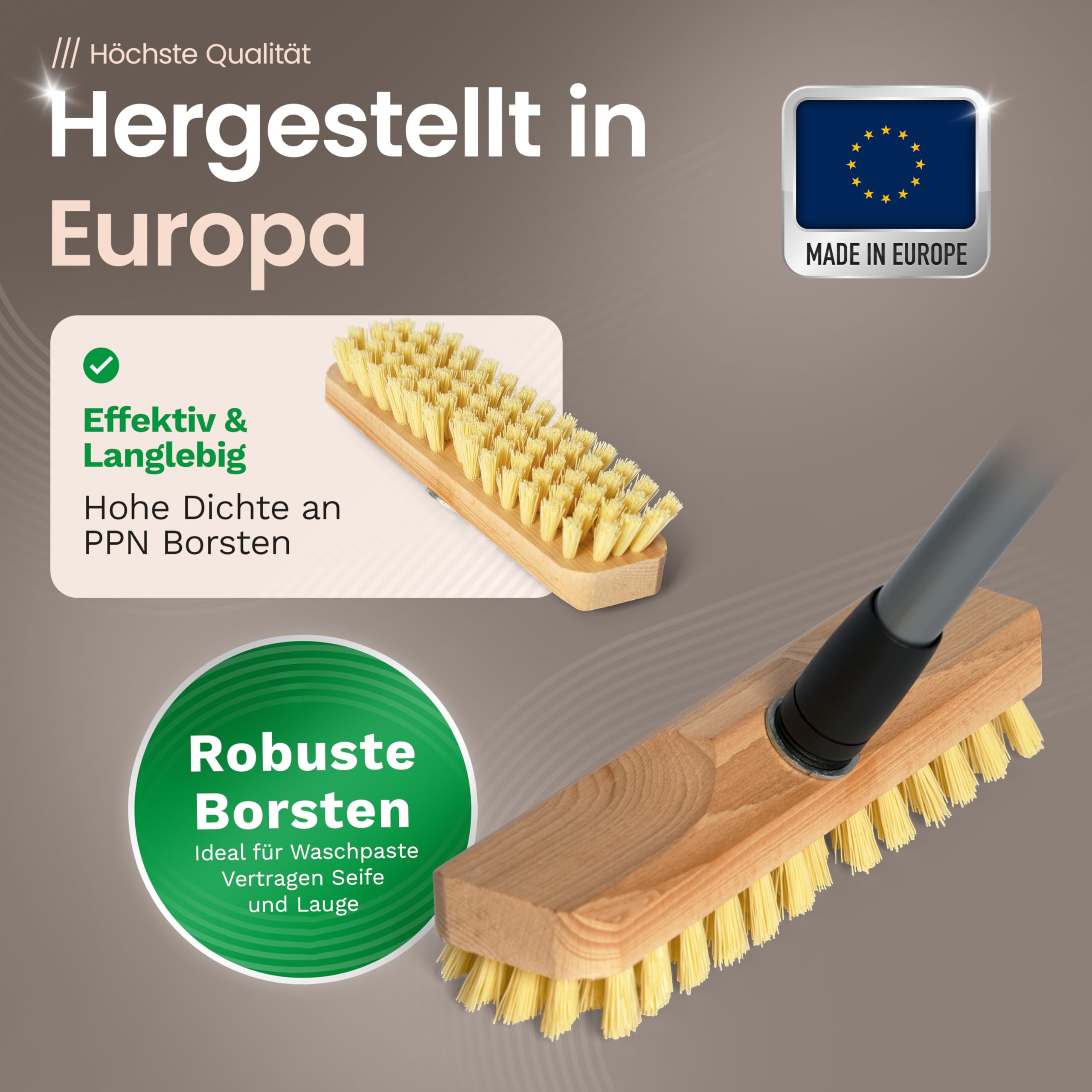 Brosse à Récurer en Bois Avec Poils | Essuie-Glace Avec Filetage et Manche Télescopique | PPN | de Sol | Idéal Pour Nettoyer Balcon, Terrasse, Jardin, Intérieur