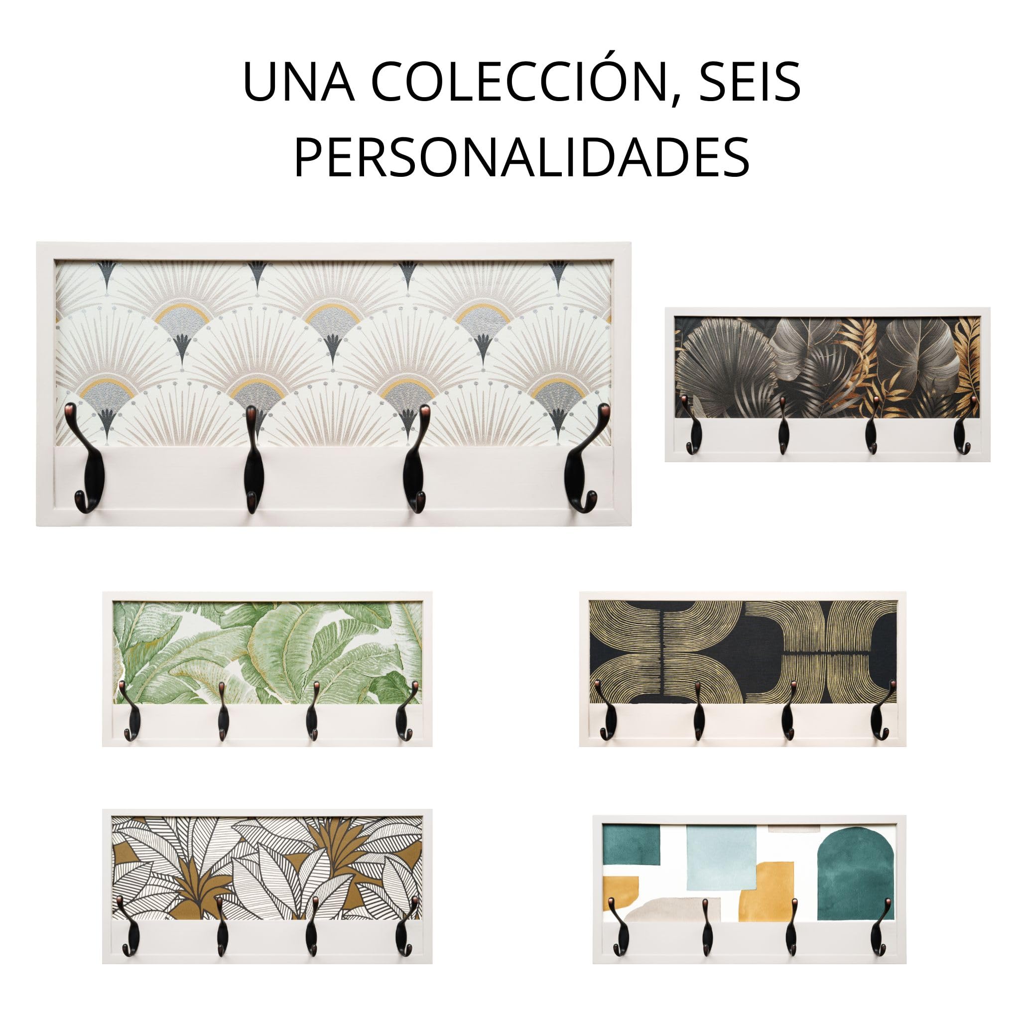 Perchero Pared Madera 52x25cm Art Décó Blanco 4 Ganchos | Hecho en España. 4 ganchos dobles (8 colgadores) para ropa y abrigos. Ideal para entrada, salón u oficina.