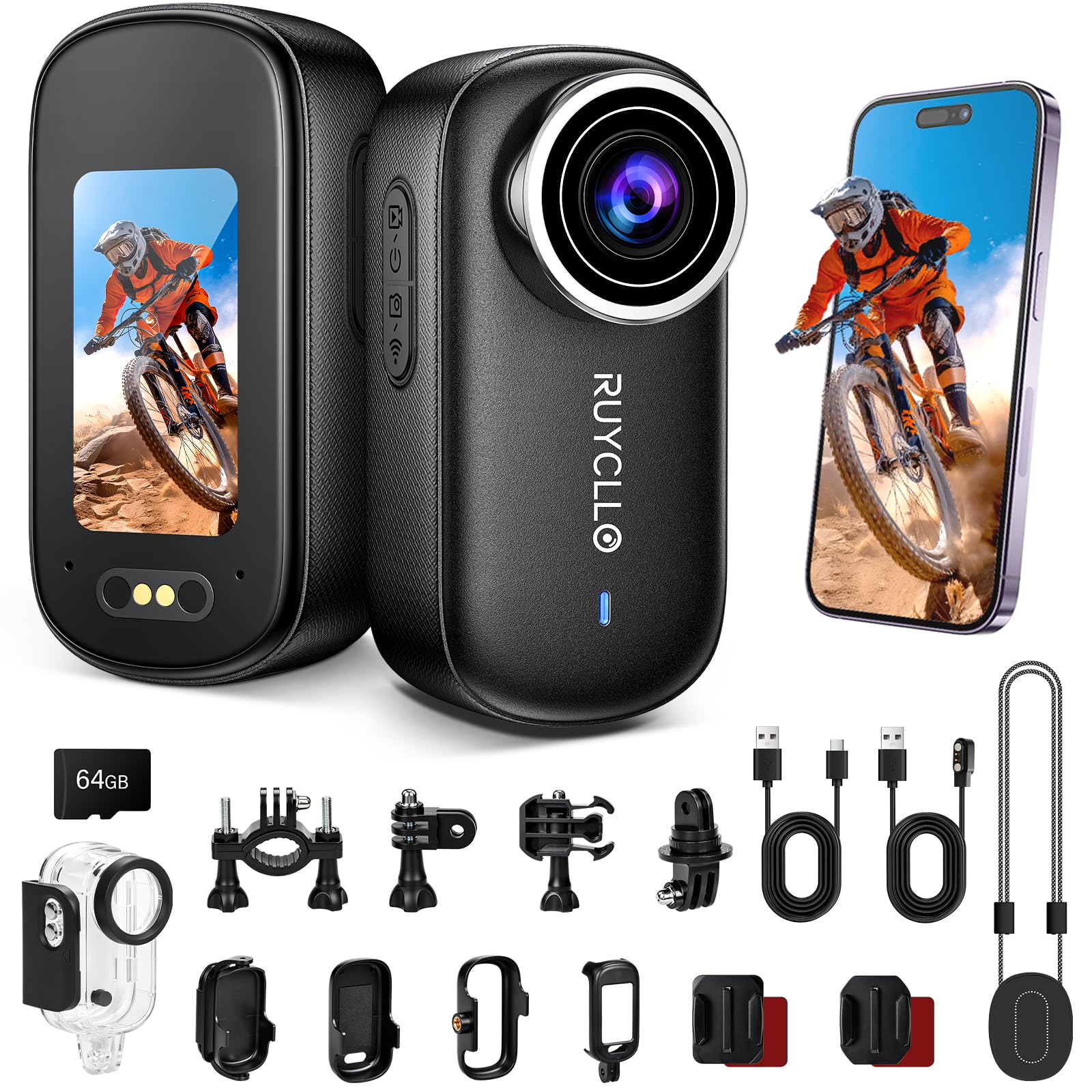 4K Bodycam Action Cam mit 64GB Karte, 6-Achsen EIS Stabilisierung | Mini Kamera HDR, 145° Weitwinkel, WiFi APP, Magnetische Mini Action Cam für POV Aufnahmen, Motorrad, Fahrrad und Reisen