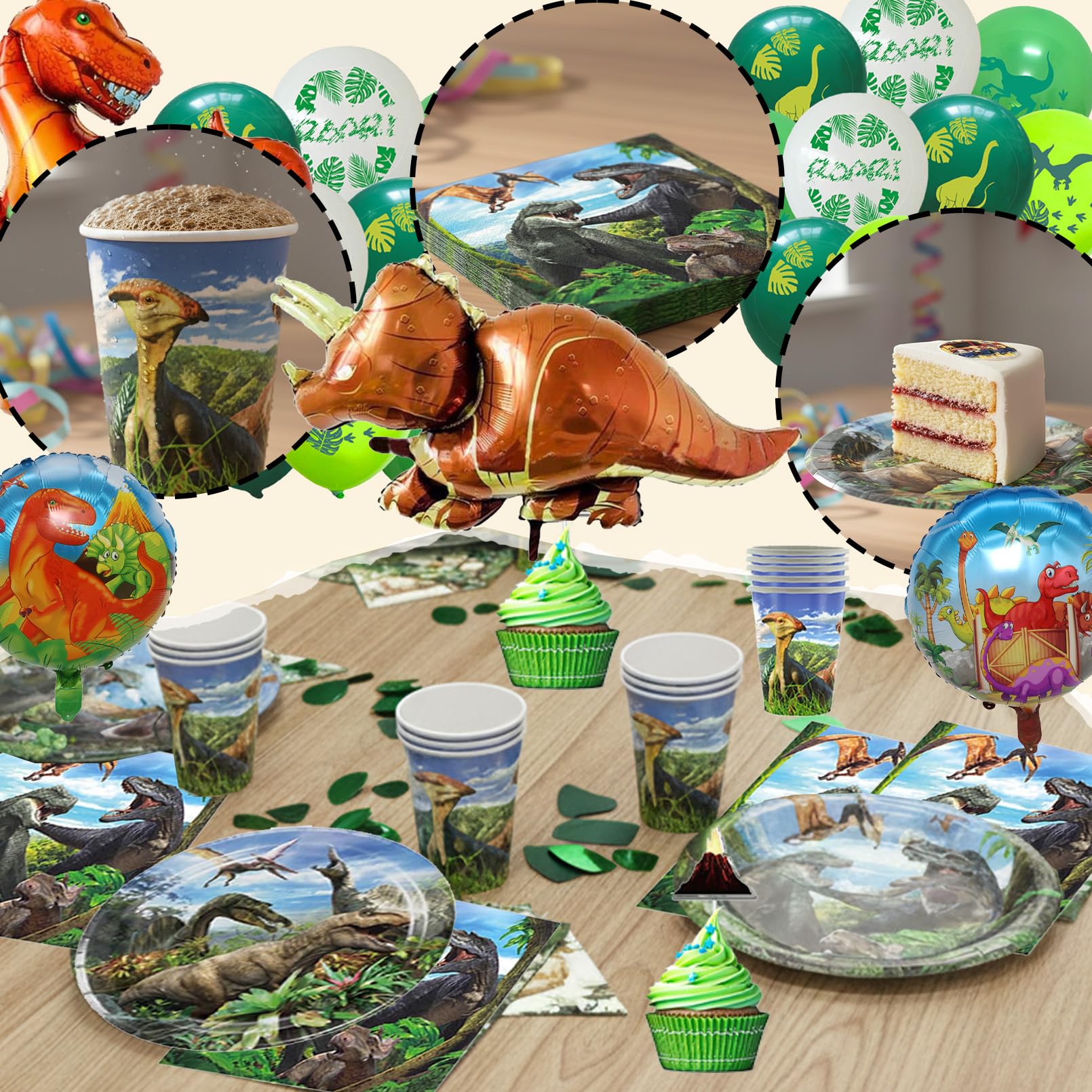 93 Pezzi Dinosauri Stoviglie per Feste di Compleanno，Addobbi Compleanno Dinosauri，Tovaglioli, Tovaglia, Piatti di Carta