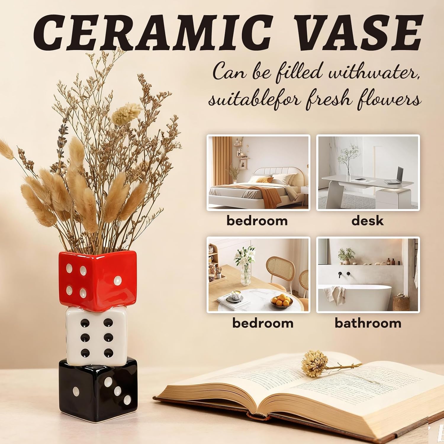 Tnstbiee Triple Dice Vase - Unique Ceramic Small Vase with Wide Mouth | Modern Decorative Flower Vase for Living Room | Perfect for Fresh,Pampas Grass,Roses & Utensils | Ideal Gift for Art Enthusiasts