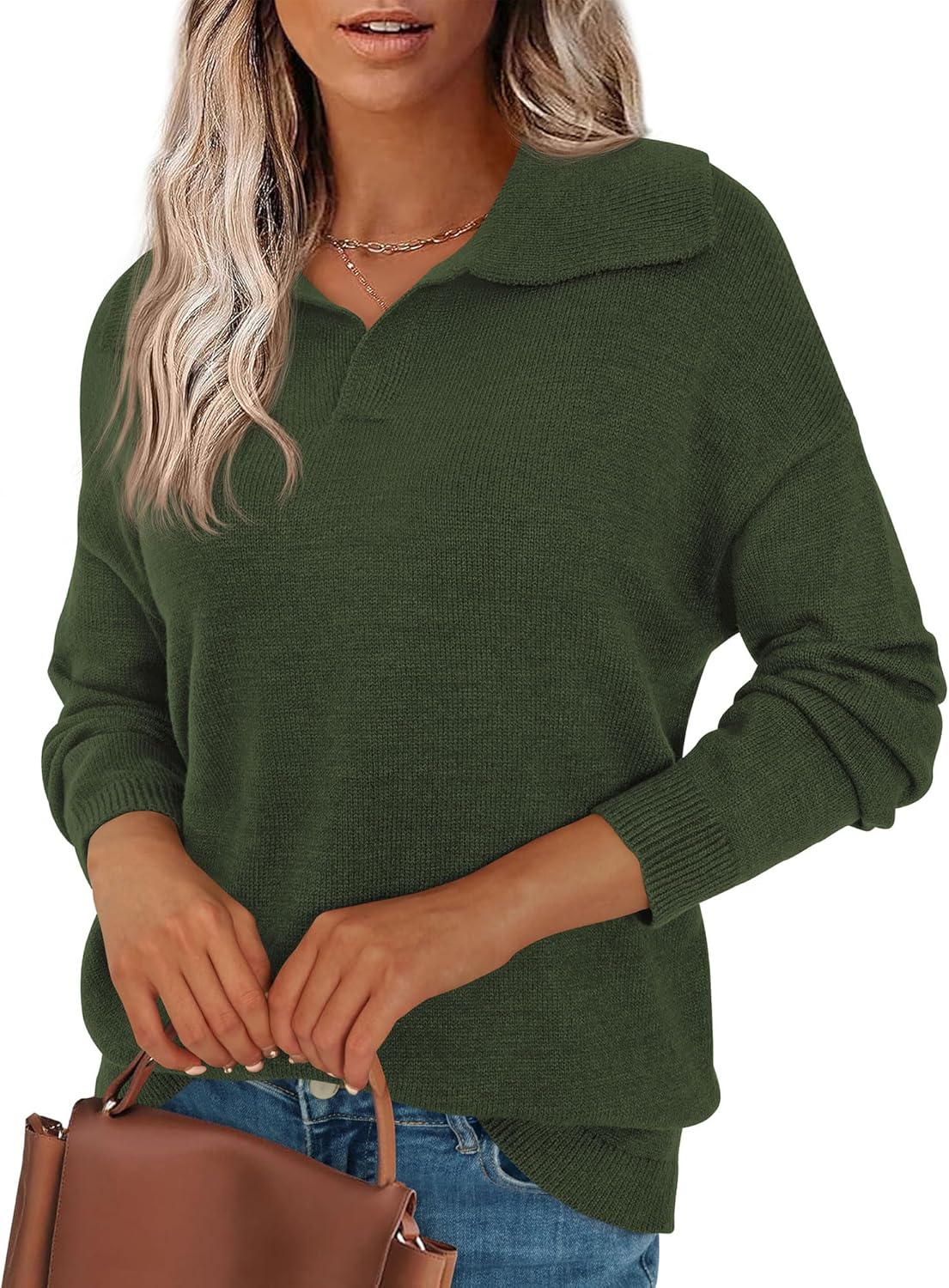 Zenlonr Women's Sweaters 2025 Fall Winter Lapel V Neck Knit Sweater Long Sleeve Casual Soft Pullover Jumper Tops