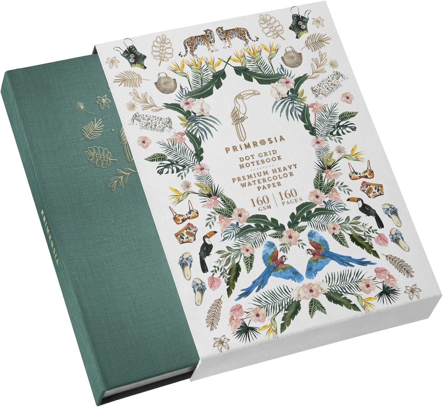 Primrosia A5 Dot Grid Watercolor Journal Notebook โ 160 pages I 160gsm Premium Heavy Paper, No Bleed โ Luxe Linen Hard Cover with Cute Deer Slip Cover (Toucan Summer)