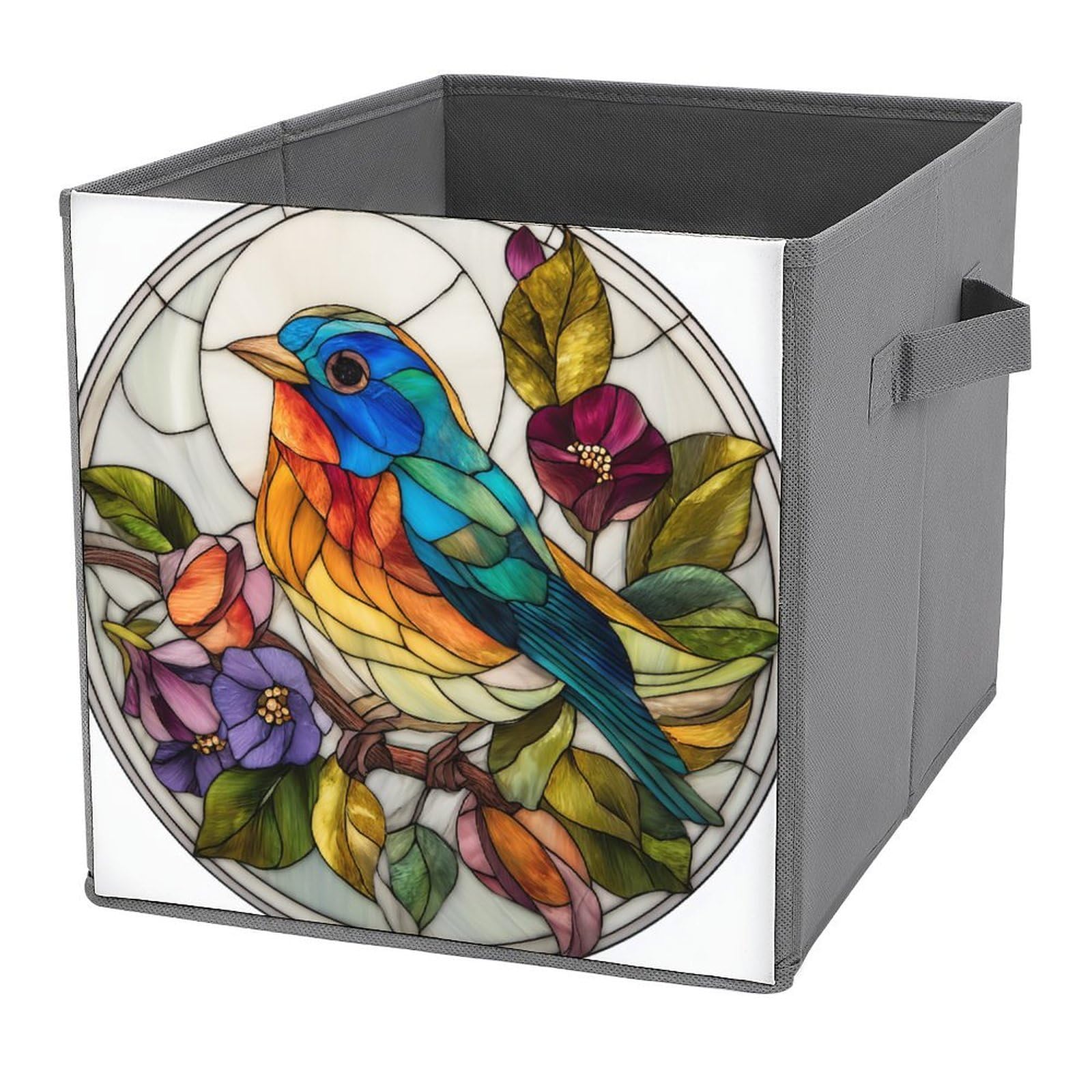 Jubonexis Stained Glass of A Beautiful Bird Tree Flowers Cube Storage Bins Storage Cubes Foldable Decorative Fabric Storage Baskets Home Organizers with Handles for Shelves,Closet, 27x27 CM