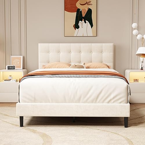 alazyhome Base de cama tapizada de tamaño matrimonial con cabecero de terciopelo capitoné con botones, soporte de listones de madera, fácil montaje,