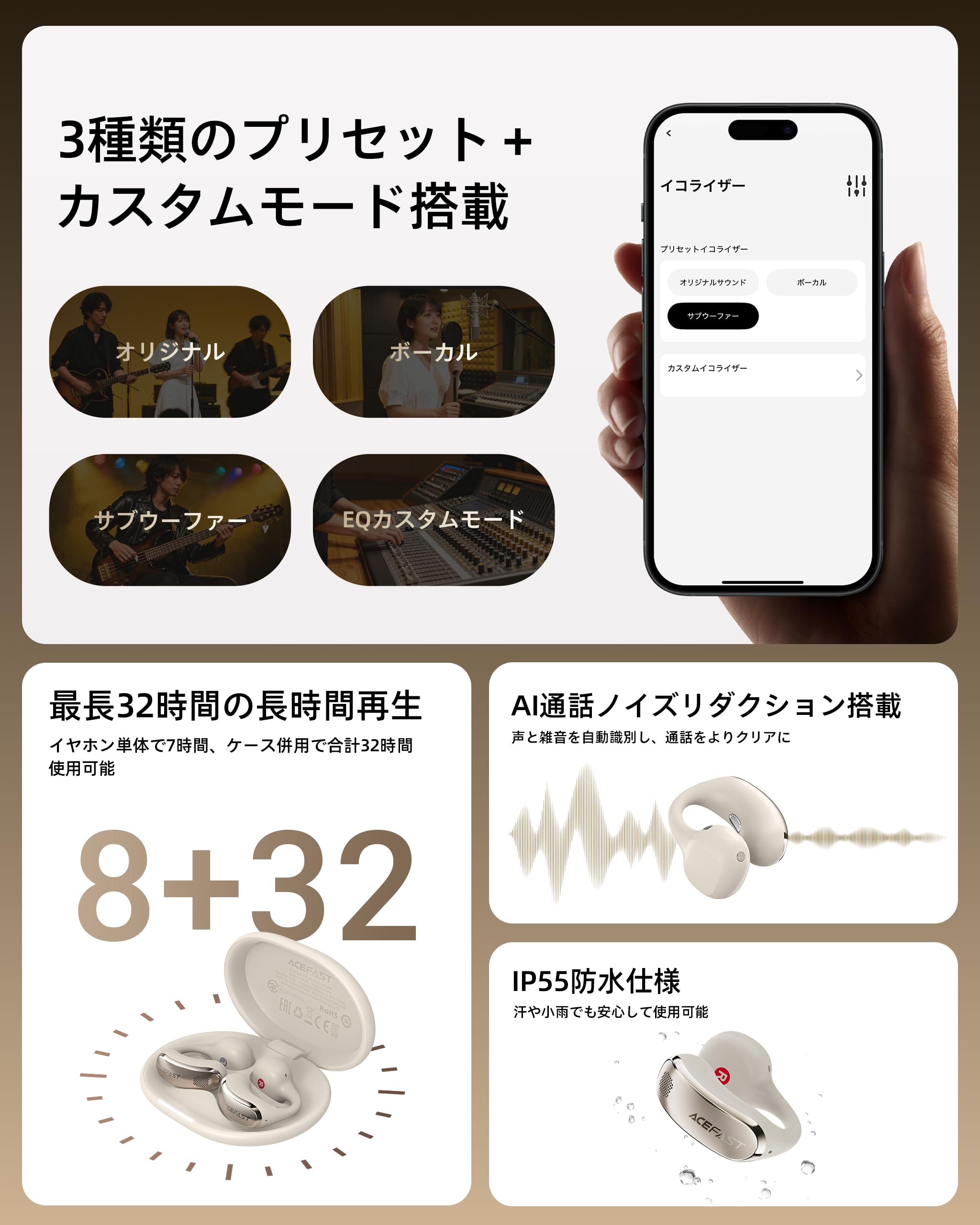 Amazon.co.jp: ACEFAST ワイヤレスイヤホン イヤーカフ Bluetooth 6.0