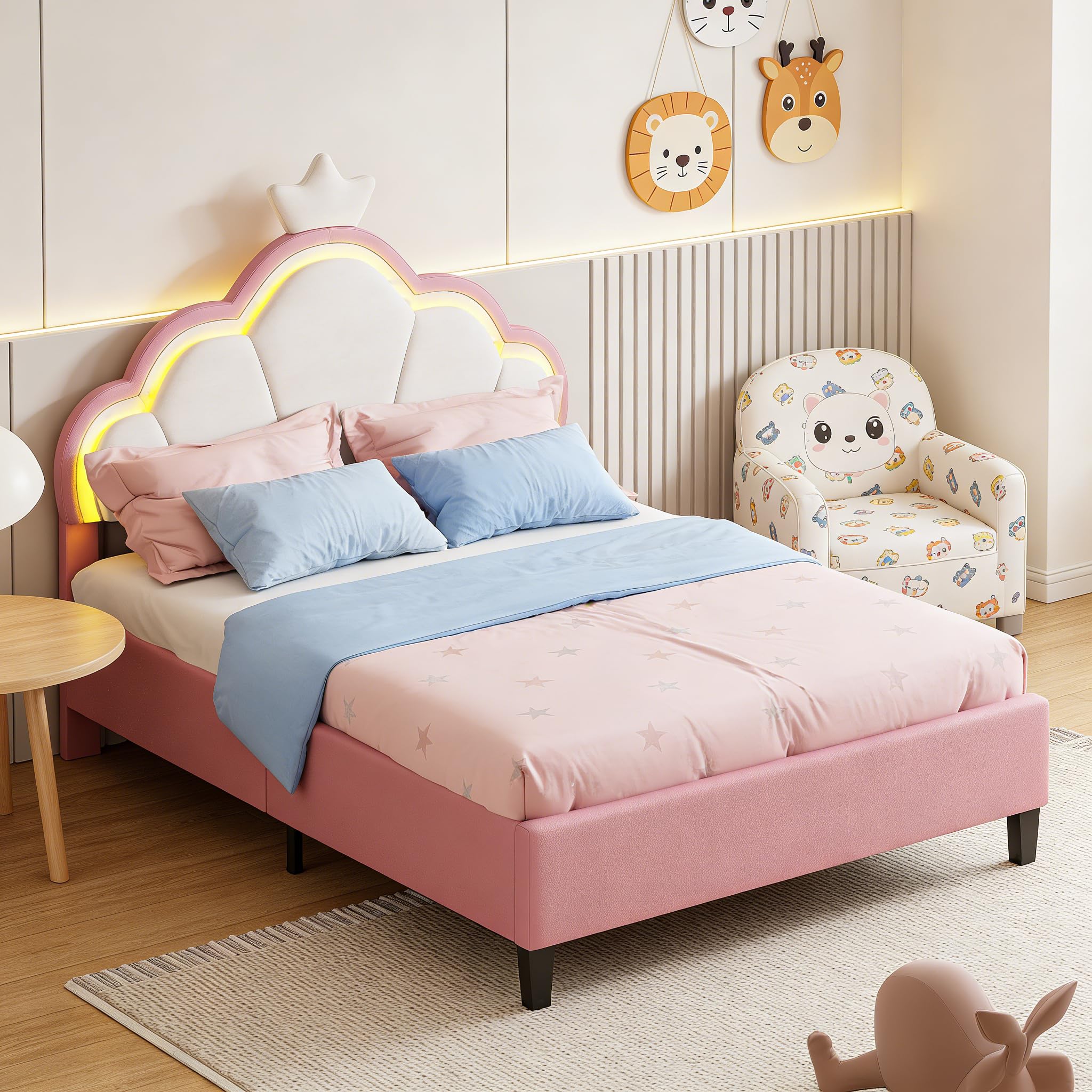 DADEA Letto Bambina 90x200 con LED, Letto Singolo Bambina con Testiera, LettoCameretta RagazzaLetto Singolo Bambino LED Letto90x200 Bambini Letti Singoli Imbottito con Doghe, Nessun Materasso