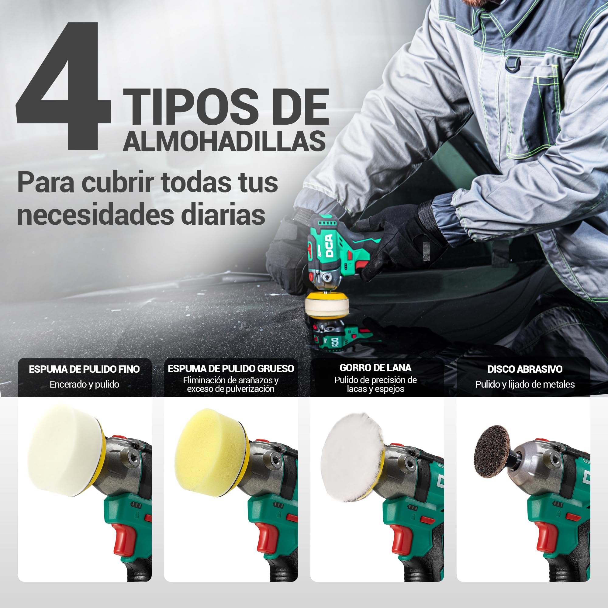 DCA Mini Pulidora Coche 12V, 75MM Pulidora Bateria y 50mm Lijadora, Pulidora Orbital, Máquina de Pulir sin Escobillas, 2 Baterías de 2,0Ah, 2 Velocidades 2800-8300 RPM para Pulir, Encerar y Limpiar