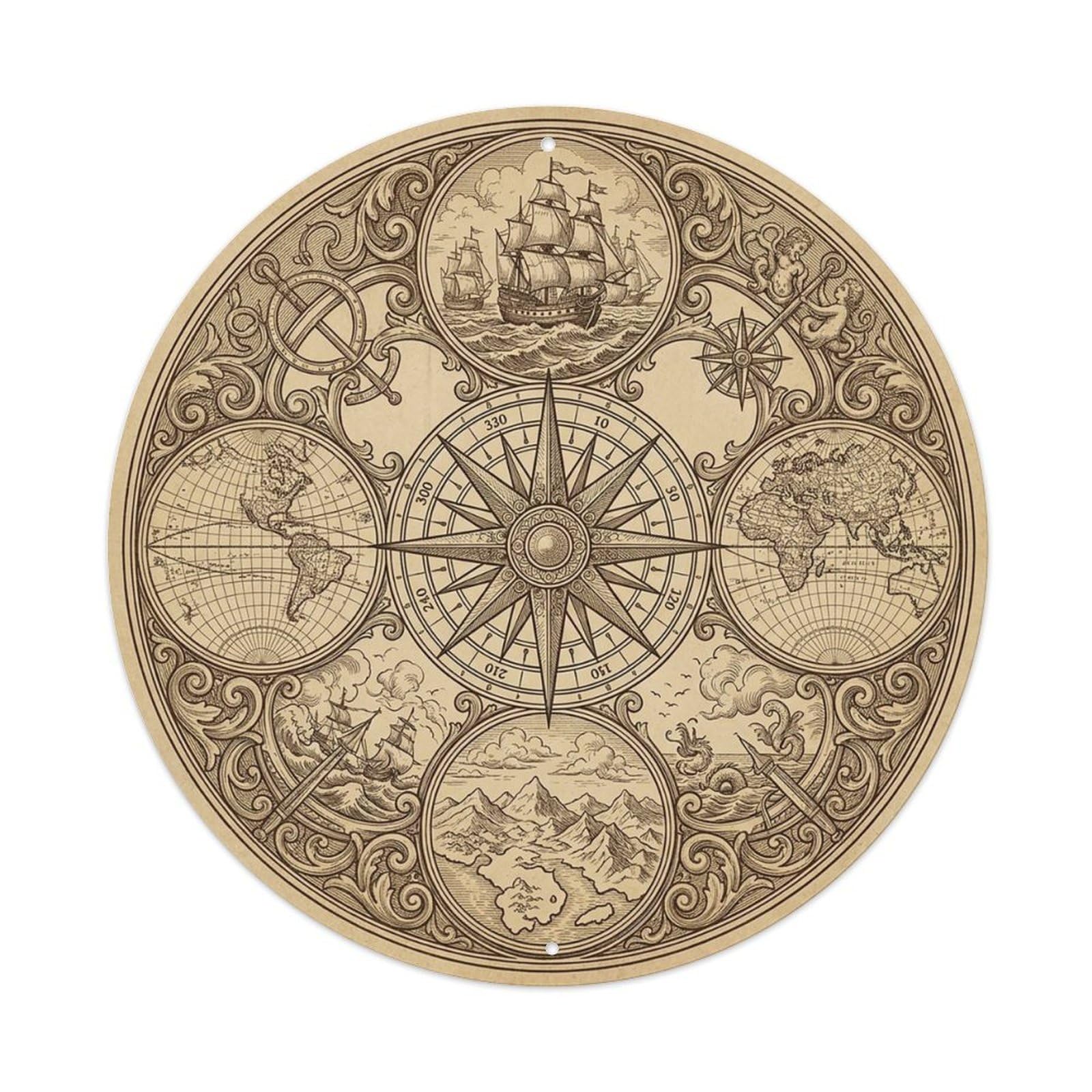 Vintage Nautical Compass World Map Wharf Heritage Metal Tin Sign